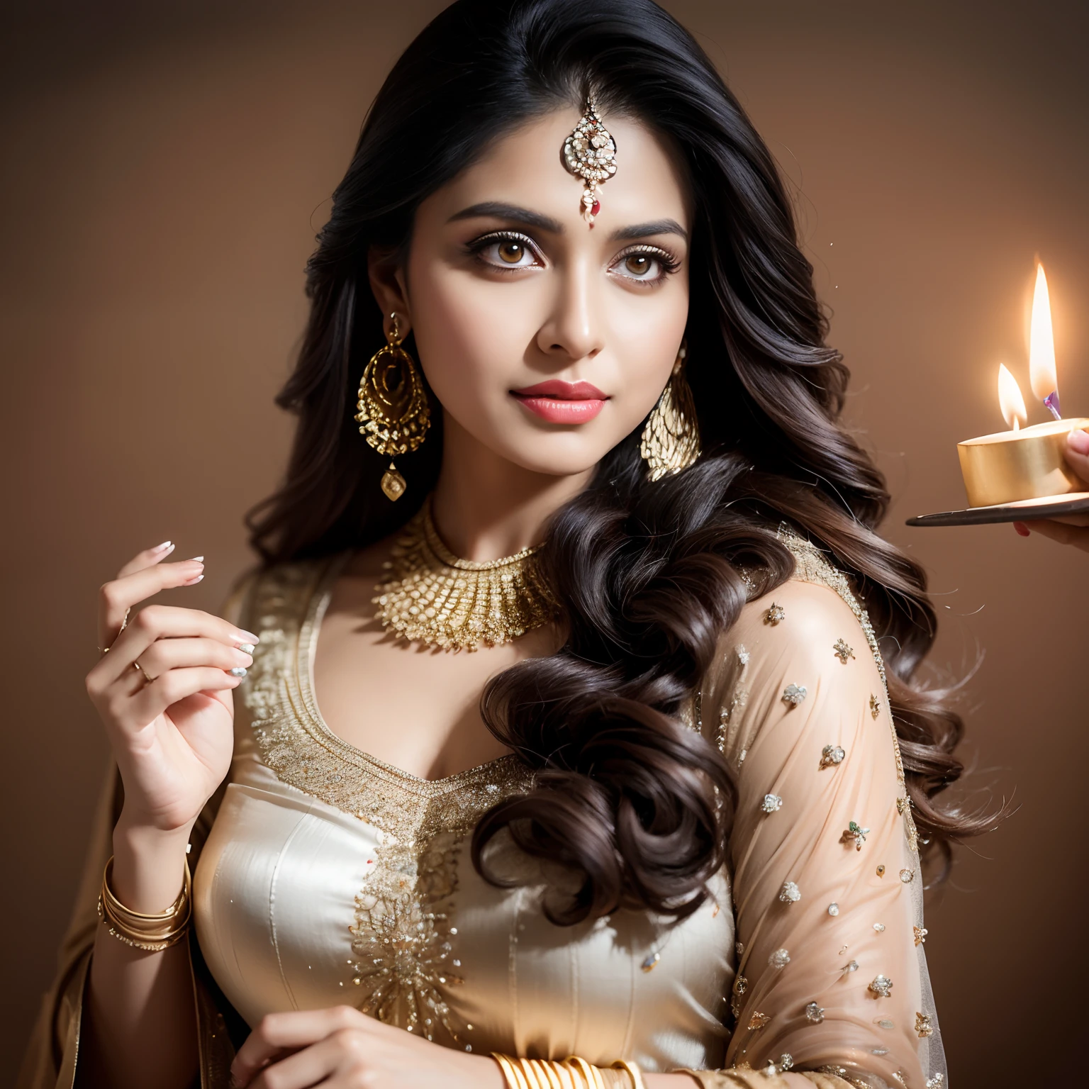 Portrait of A confident-looking indian woman with long flowing hair, celebrating Diwali, having cracker in hand,hazel eyes, with flowing capes, standing in ice,full body ,perfect composition, hyper realistic, super detailed, 8k, high quality, trending art, trending on artistation, sharp focus, siberian photo, intricate details, highly detailed,
