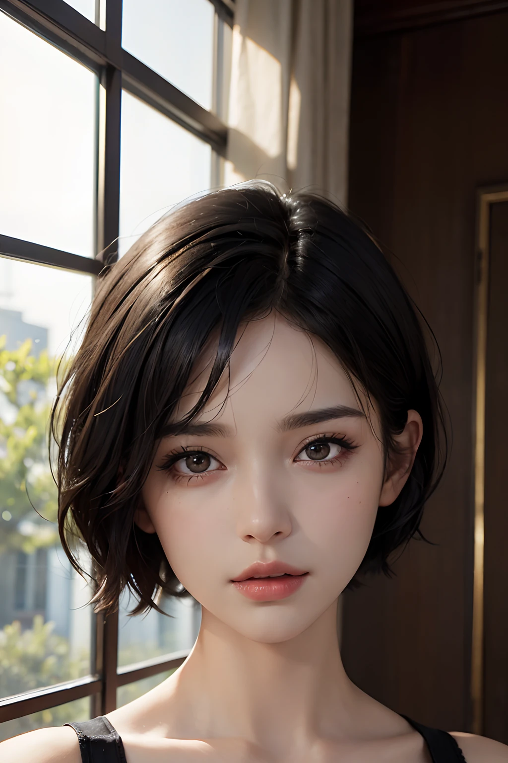 super realistic eyes、fashion model 24 years old, cute, [[[[moist eyes]]]], [[[[closeup]]]], [[[[chest]]]], [[[[neck]]]], [[[[shoulders]]]], perfect eyes, perfect iris, perfect lips, perfect teeth, perfect skin, soft front light, glow, HDR, (muted colors:1.2), Beautiful girl from Eastern Europe with her mouth closed、astonishing beauty、solo、Smile、beautiful face、Upper body、medium side cut、Beautiful short gray hair styled、beautiful little face woman, solo,　black theme,　look at the audience,one woman, It&#39;s real, Wolfzan-6500-V1.3, anime、anime style、beautiful realistic eyes、casual dress、portrait beautiful detailed woman, very detailedな目と顔, Reality, beautiful detailed eyes, huge file size, Super detailed, High resolution, very detailed, highest quality, masterpiece, An illustration, very detailed, ticker, Unite, 8K painting wallpaper, fine, fine details, masterpiece, highest quality, Hvery detailed ticker uniform 8K wallpaper, face light movie lighting、cute blouse, dark background, oil, masterpiece, diffused soft film lighting, Portrait, highest quality (perfect face:1.4),stunning girl pictures,(8K and、photorealistic:1.25) 、(lip gloss、eyelashes、shiny face、shiny skin、highest quality、超High resolution、Depth of the bounds written、chromatic aberration、caustic road lighting、natural shading、woman, (Ultra Realistic eyes, High Resolution), (High Definition Eyes, High Definition Hair, High Definition Face, High Definition Plump Lips), (Breast Open Off Shoulder), Bust, Upper Body, Affectionate Smile, (Best Picture Quality: 1.4), Raw Photo, (Realistic, Photography: 1.37), Professional Photographer, Film-like Light, (Fine Plane: 1 . 2),1 Woman, (Ultra Realistic, High Resolution), (High Definition Eyes, High Definition Hair, High Definition Face, High Definition Plump Lips), (Open Breasted Off Shoulder), Bust, Upper Body, Adorable Smile, (Top Quality:1.4), Raw Photo, (Realistic, Photo Realistic:1. 37), Professional Photography, Neat Face: 1 .2), (Representative Work: 1.3), (8K, Phot