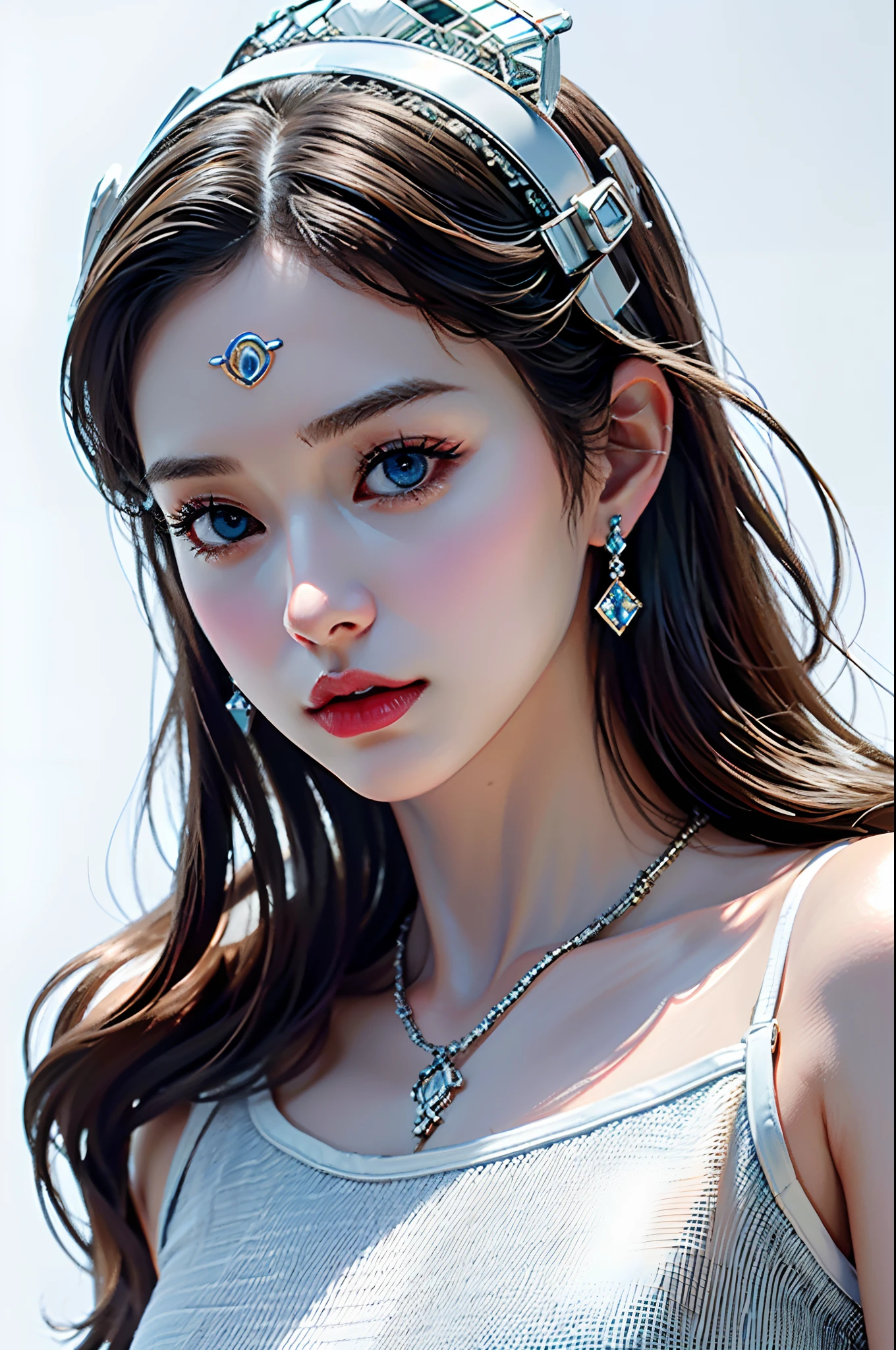 ((Masterpiece), (Best quality), 超A high resolution, (RAW photo:1.2), (Photorealistic:1.4), Exceptional detail, Dramatic lighting, A high resolution, 8K, absurderes, 1girll, (White background:1.3), Simple background,((Close up)), Portrait, Diamond (head gear:1.4), necklace, Diamond earrings, (Blue eyes),