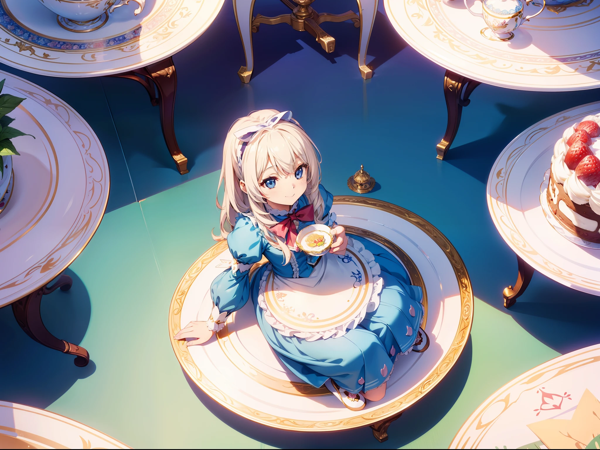 1 dwaft girl hybrid, big Shortcake and big teacup background , girl smaller than cake, Alice In Wonderland ,concept art, fantasy art, sitting, smile, cinematic lighting , ((masterpiece)), ((best quality)), ((ultra-detailed)), (illustration), ((an extremely delicate and beautiful))