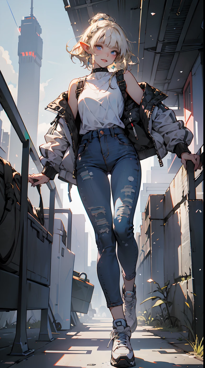 (1elf girl), (beauty elf girl), ((ultra-high picture quality)), masterpieces, She's dressed in a trendy techwear outfit, perhaps a stylish jacket and jeans, with comfortable sneakers. She stands casually in a city park, with the sun casting long shadows as it sets behind the character. The warm, fading sunlight bathes the scene in hues of orange and purple, creating a tranquil ambiance. Capture the silhouette of the character against the backdrop of the dimming sky, highlighting the subtle details of the surrounding landscape as it transitions from day to night. She carries the confident air of someone who's both strong and agile. perfect body, overalls, light smile, fresh, (asymmetrical bangs:1.3), TopKnot hair, short hair, highly detailed face and eyes, Perfect lips, (white blonde hair, Deep Blue Eyes:1.2), cyberpunk, sci-fi, (tech wear is pinky colour), digital art, Aesthetic, Backlighting, by Yusuke Murata.