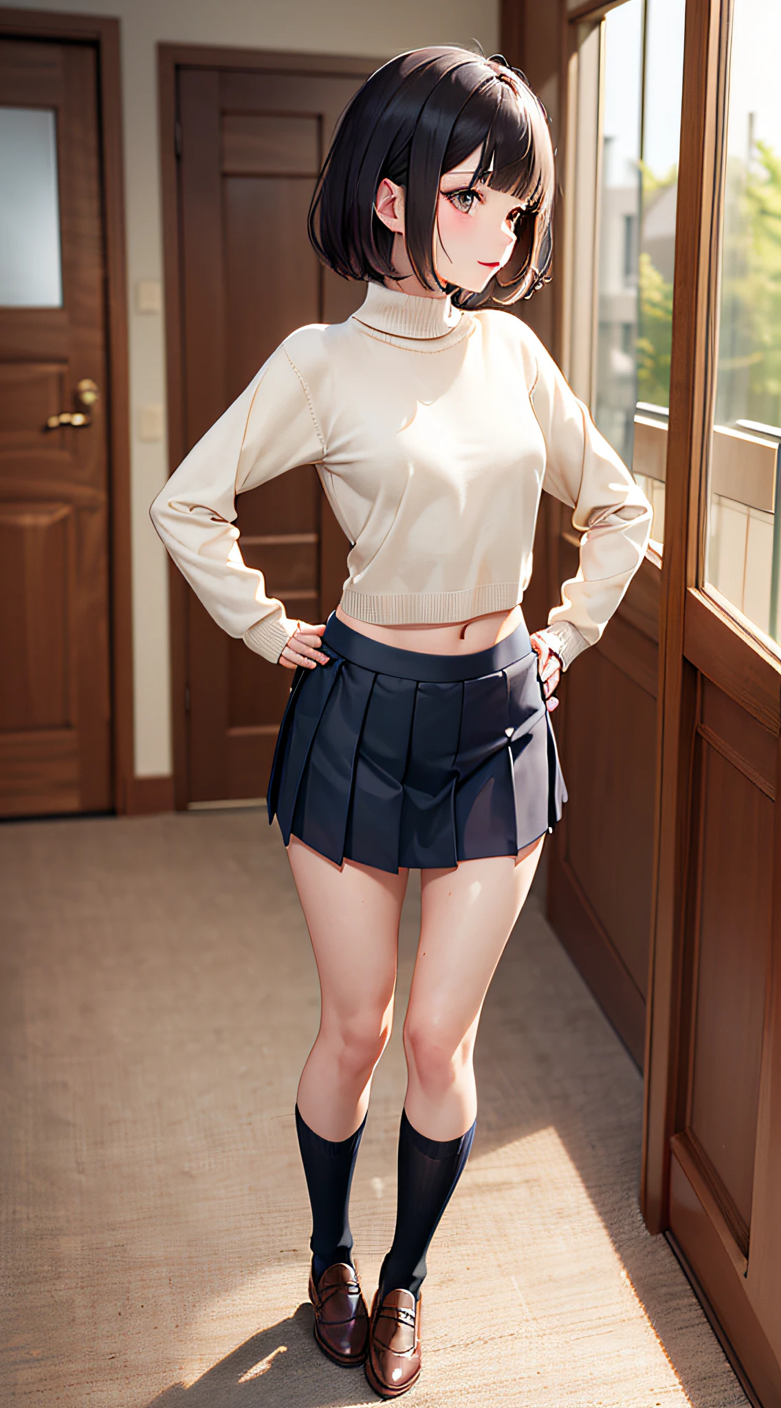 (((professional: step by step, final result god level))): "masterpiece, best quality, highres, solo 1girl, 24 years old, kr1, brown eyes, blunt bangs, kibito high school 50% uniform, sweater, pleated 10% miniskirt, socks, small breasts, leaning forward, hand on hip, ((visible hip removing the sweater from the body)), provocative without limits, low back view"