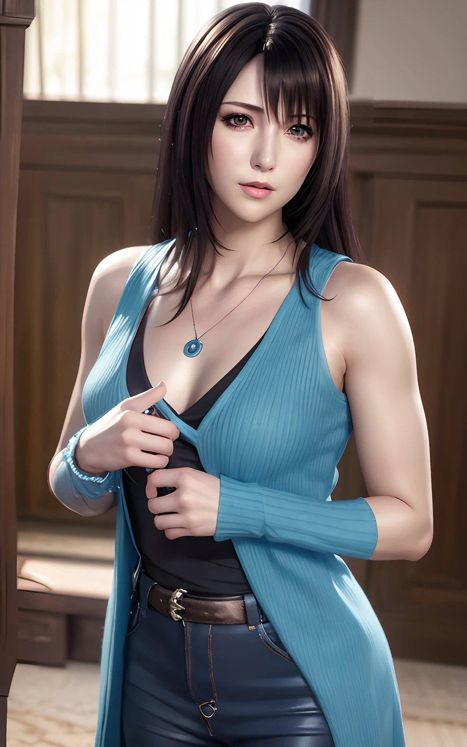 rinoa, blue duster, blue wristbands, holding necklace, portrait body, unparalleled masterpiece, ultra realistic 8k CG, perfect artwork, clean, beautiful face, pure face, pale skin, intricate detail, prestige, gorgeous, luxury, fancy ballroom, (focus on face)