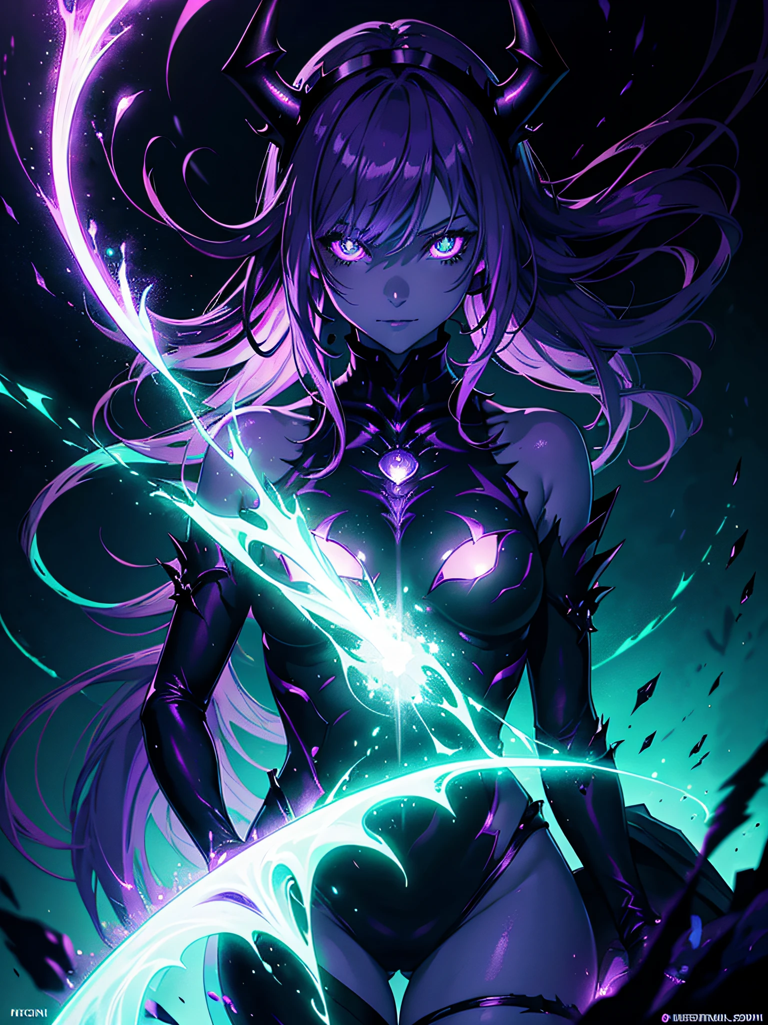 dark fantasy horror art, masterpiece, dark fantasy anime girl, ((purple violet skin)), (neon green glowing dots on skin), white steel hair, bright glowing (green eyes), gloomy smile, beautiful anime girl, black paper sharp clothes, closed clothing, dark fantasy setting, holds cast iron cold irrational light lamp, dark cave background, cave landscape