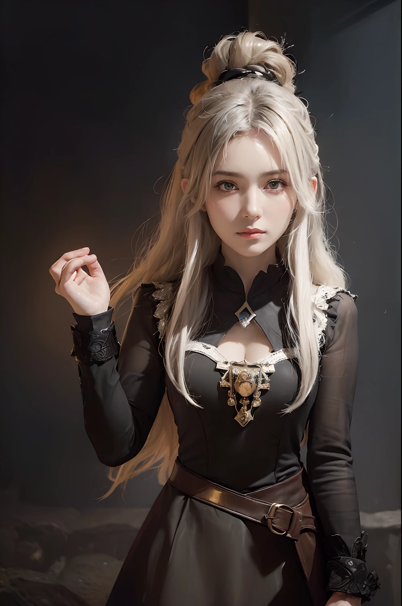 (in the dark:1.6), Hyperrealist portrait of female by david hockney and alphonse mucha,fantasy art, photo realistic, dynamic lighting, artstation, poster, volumetric lighting, very detailed faces, 4 k, award winning,, 1girl, in the dark, deep shadow, low key,cowboy shot,(official clothing:1.4) ,long hair,white hair,