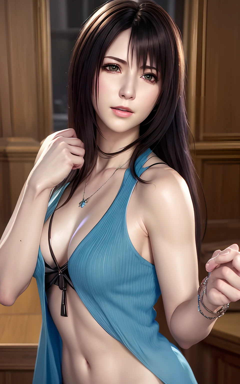 rinoa, blue duster, blue wristbands, holding necklace, portrait body, unparalleled masterpiece, ultra realistic 8k CG, perfect artwork, clean, beautiful face, pure face, pale skin, intricate detail, prestige, gorgeous, luxury, fancy ballroom, (focus on face)