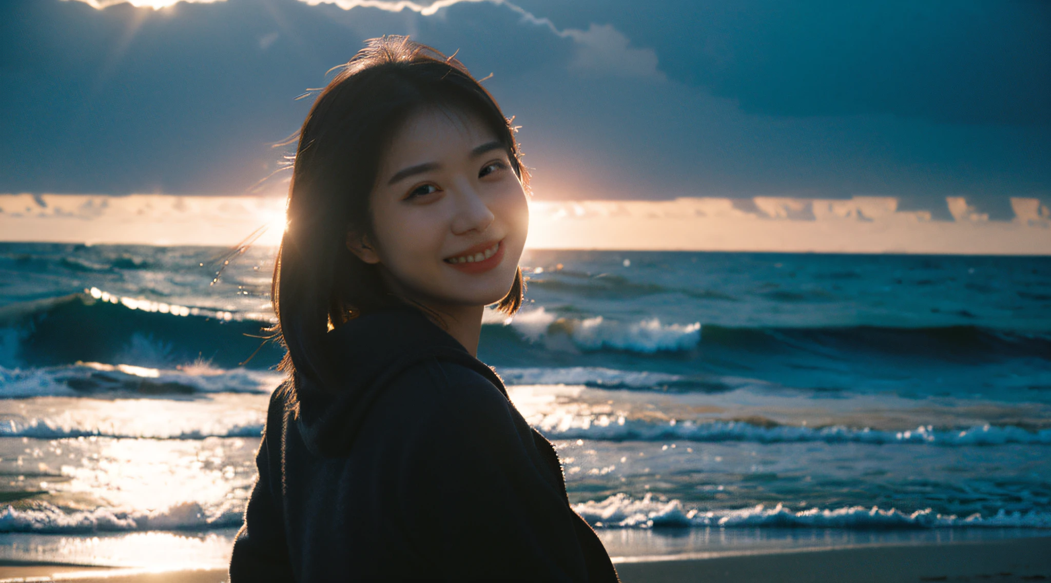 Best quality,Masterpiece,超高分辨率,(Realisticity:1.4),Original photo,Cinematic lighting,
1girll,Smile,back lit lighting,Ocean,