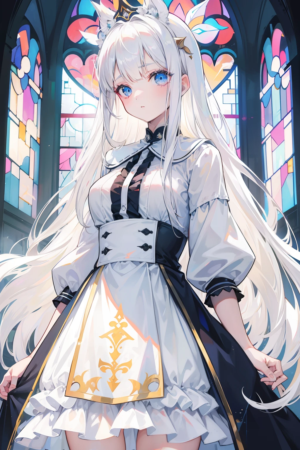 white hair,Top image quality,teens girl,masterpiece,de pele branca,Semi-long hair,,hime-cut,small tits,tits out,Glowing face,chies,stain glass,Monastic uniforms,Cultivated woman,angelicales,