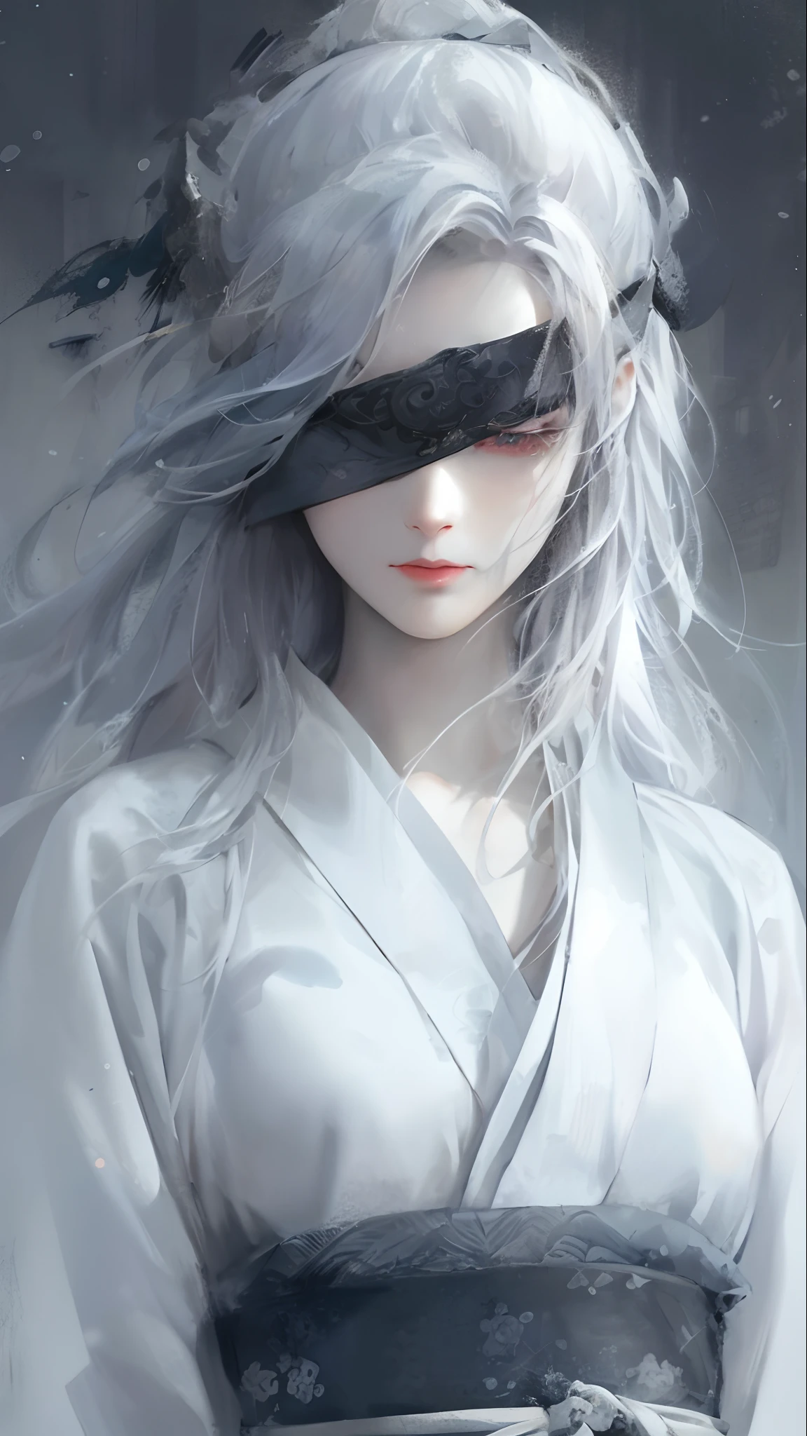 Anime girl with blue hair and white gauze blindfolded, White-haired god, Kizi, ethereal anime, white haired Cangcang, Flowing white hair, Guviz-style artwork, Dazzling white hair, Girl with white hair, Perfect white haired girl, Soft anime illustration, a beautiful anime portrait,, Anime art wallpaper 8 K, with long white hair