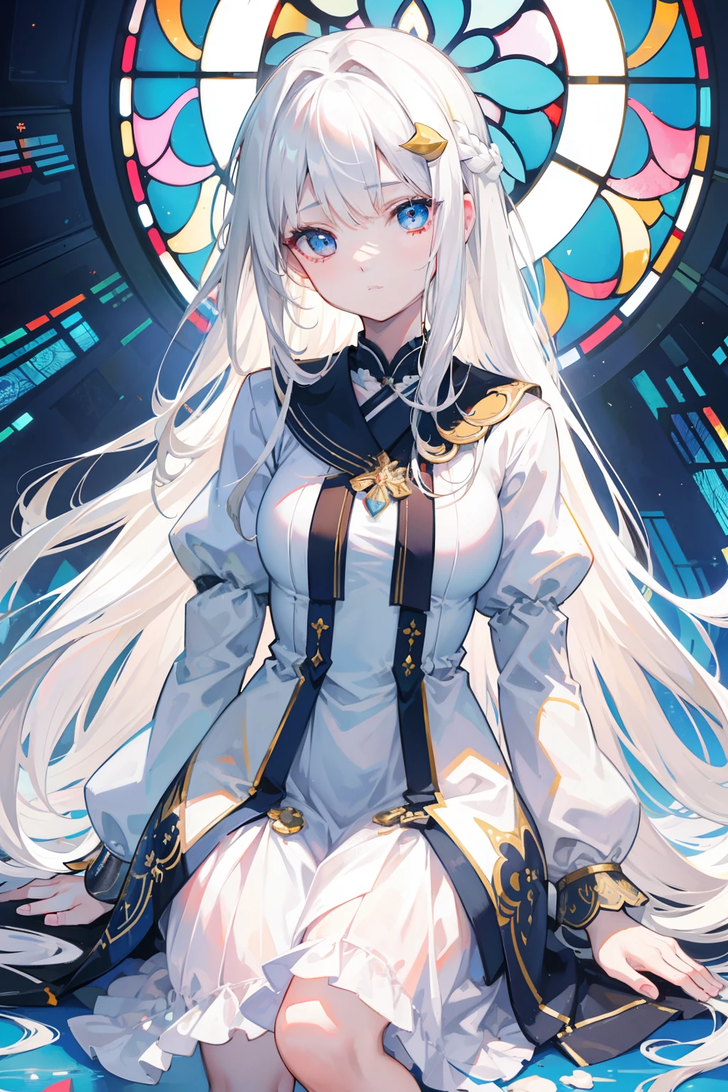 white  hair,Top image quality,teens girl,​masterpiece,de pele branca,Semi-long hair,,hime-cut,small tits,tits out,Glowing face,chies,stain glass,Monastic uniforms,Cultivated woman,angelicales,