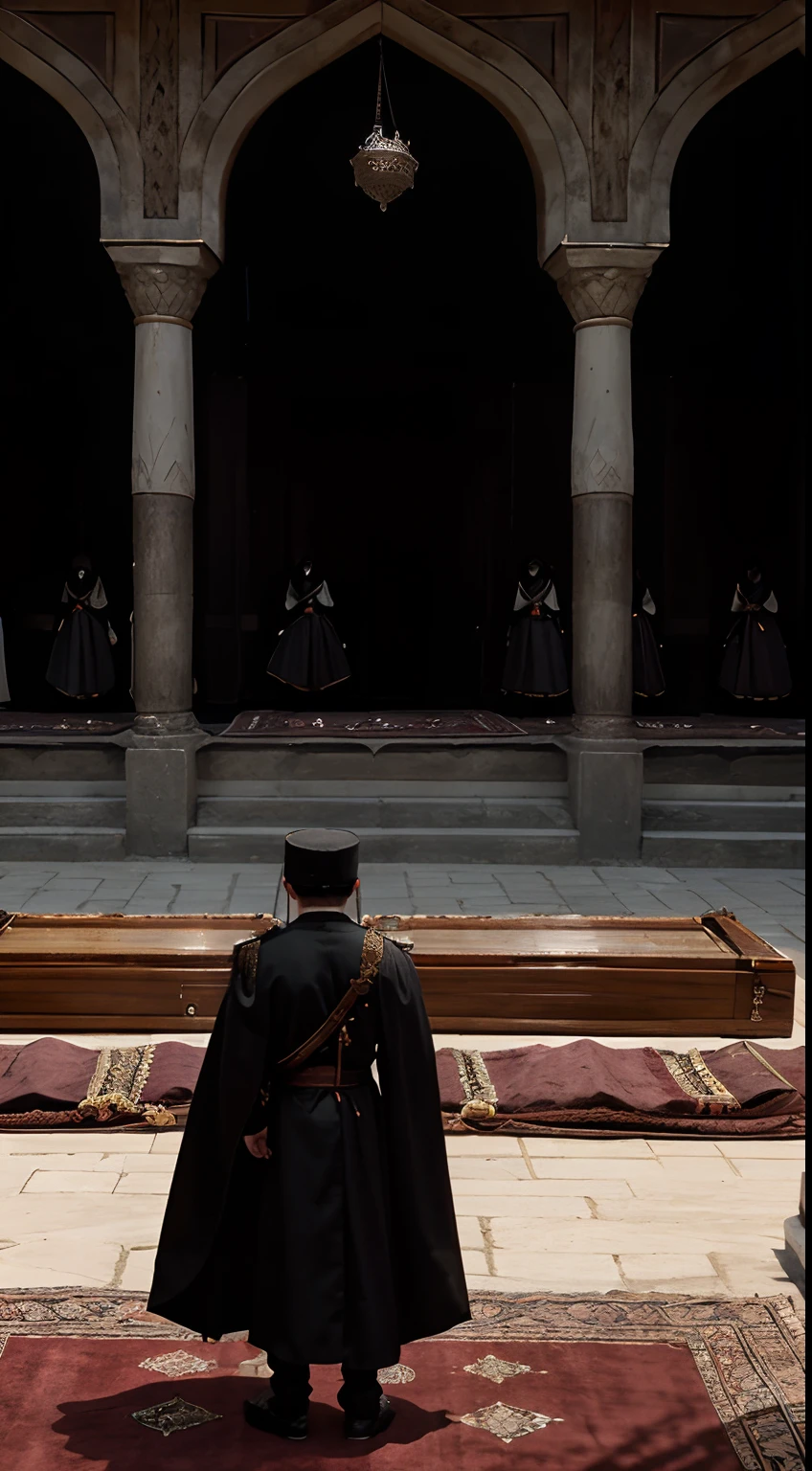 Create an image of an Ottoman sultan ascending to the throne and the grim procession of coffins following him.
Illustrate the moment of the sultan's decision to execute his male siblings to secure his rule.
Depict the somber atmosphere within the palace as the siblings are led to their fates.