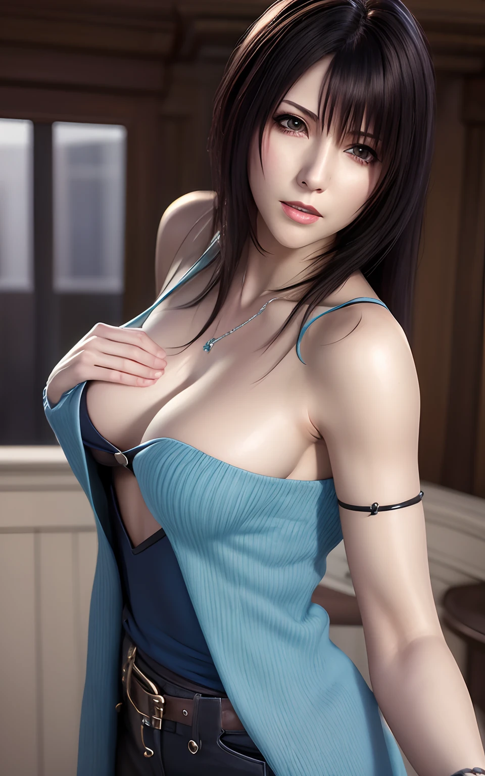 rinoa, blue duster, blue wristbands, grabbing breasts, portrait body, unparalleled masterpiece, ultra realistic 8k CG, perfect artwork, clean, beautiful face, pure face, pale skin, intricate detail, prestige, gorgeous, luxury, fancy ballroom, (focus on face)
