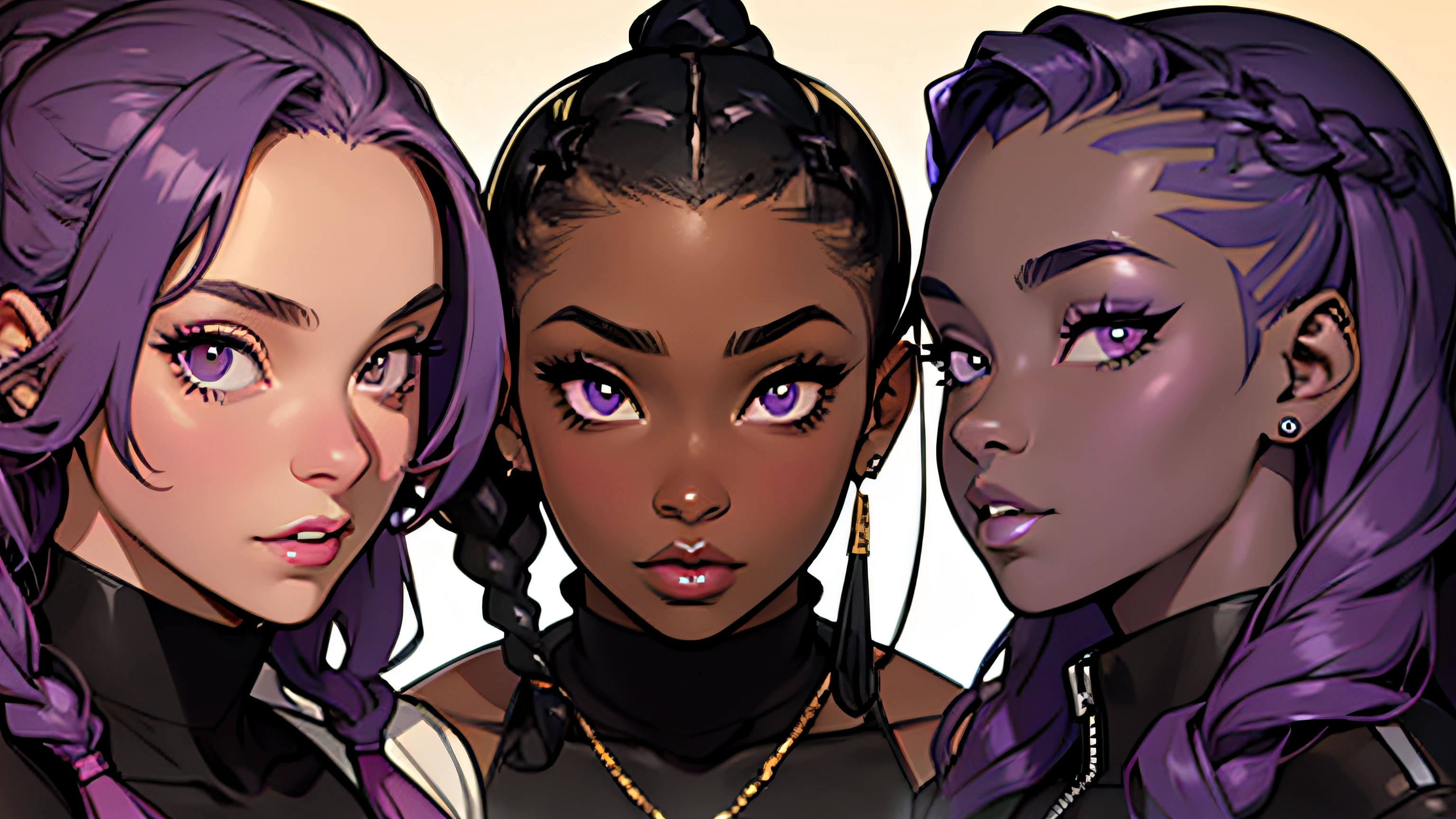 group of black women faces. chubby. very dark skin. huge lips. big nose. purple eyes. cornrows