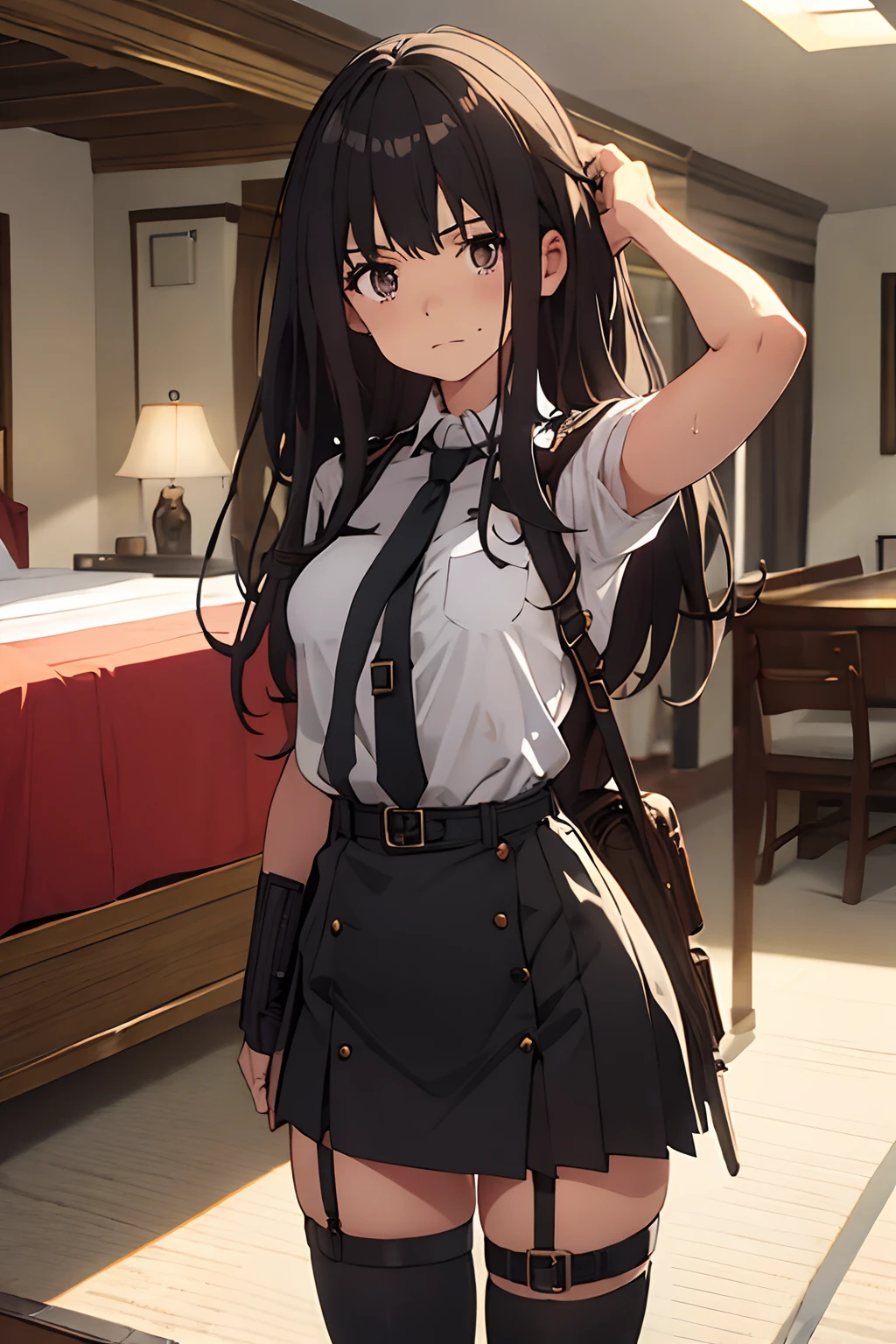 ​masterpiece、flat-colors、depth of fields、lens flare 1 girl、、Brown hair、watching at viewers　　　black suspenders　　　Bulging big breasts　　　 　 Armpit sweat　perspiring　Side of both hands　　walls: 　Black miniskirt　garters　　　　　　Gaze　　　Small face　bangss 　flank　　　　holster　　Belt Armament　Beautuful Women　srestrained　Hands behind your back　On the bed　Leg holster