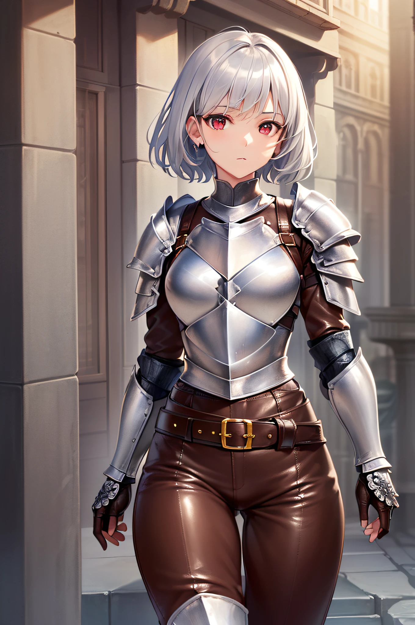 (Best Quality)), (Masterpiece), (Sharpness), 32k, (Best Quality Depiction), (Best Quality), Art, Detailed and Detailed CG Art, Clear, Detailed Human Body, Natural Light: 1.3, Full Body, Depth Background, (Perfect Anatomy), (Flawless Body Depiction), Golden Ratio, Depiction of Perfect Woman, One Woman,Beautiful, (Western Early Twenties Adult Female), (Lustrous Silver Hair, Short hair:1.6), (shiny beautiful red eyes),(Beautiful face with detailed detail), (Big:0.8), Light makeup, (Dense and detailed, beautiful perfect leather armor:1.9,Belt:2), (Slim legs), (Staring at viewer,Expressionless:1.2), Bandit, Outdoors, Wind controls: 1.1, Blue sky: 1.3, Sun,