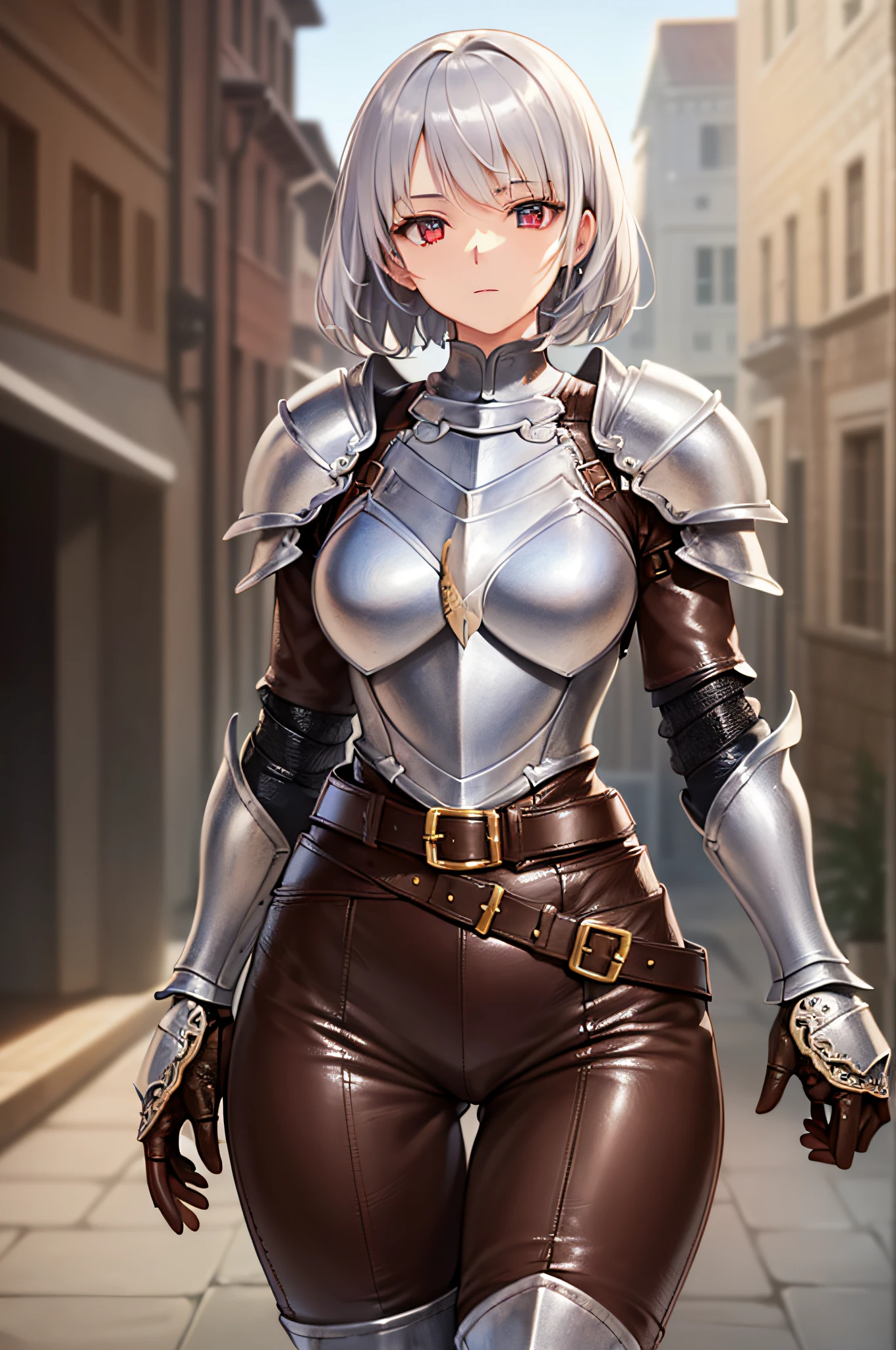 (Best Quality)), (Masterpiece), (Sharpness), 32k, (Best Quality Depiction), (Best Quality), Art, Detailed and Detailed CG Art, Clear, Detailed Human Body, Natural Light: 1.3, Full Body, Depth Background, (Perfect Anatomy), (Flawless Body Depiction), Golden Ratio, Depiction of Perfect Woman, One Woman,Beautiful, (Western Early Twenties Adult Female), (Lustrous Silver Hair, Short hair:1.6), (shiny beautiful red eyes),(Beautiful face with detailed detail), (Big:0.8), Light makeup, (Dense and detailed, beautiful perfect leather armor:1.9,Belt:2), (Slim legs), (Staring at viewer,Expressionless:1.2), Bandit, Outdoors, Wind controls: 1.1, Blue sky: 1.3, Sun,