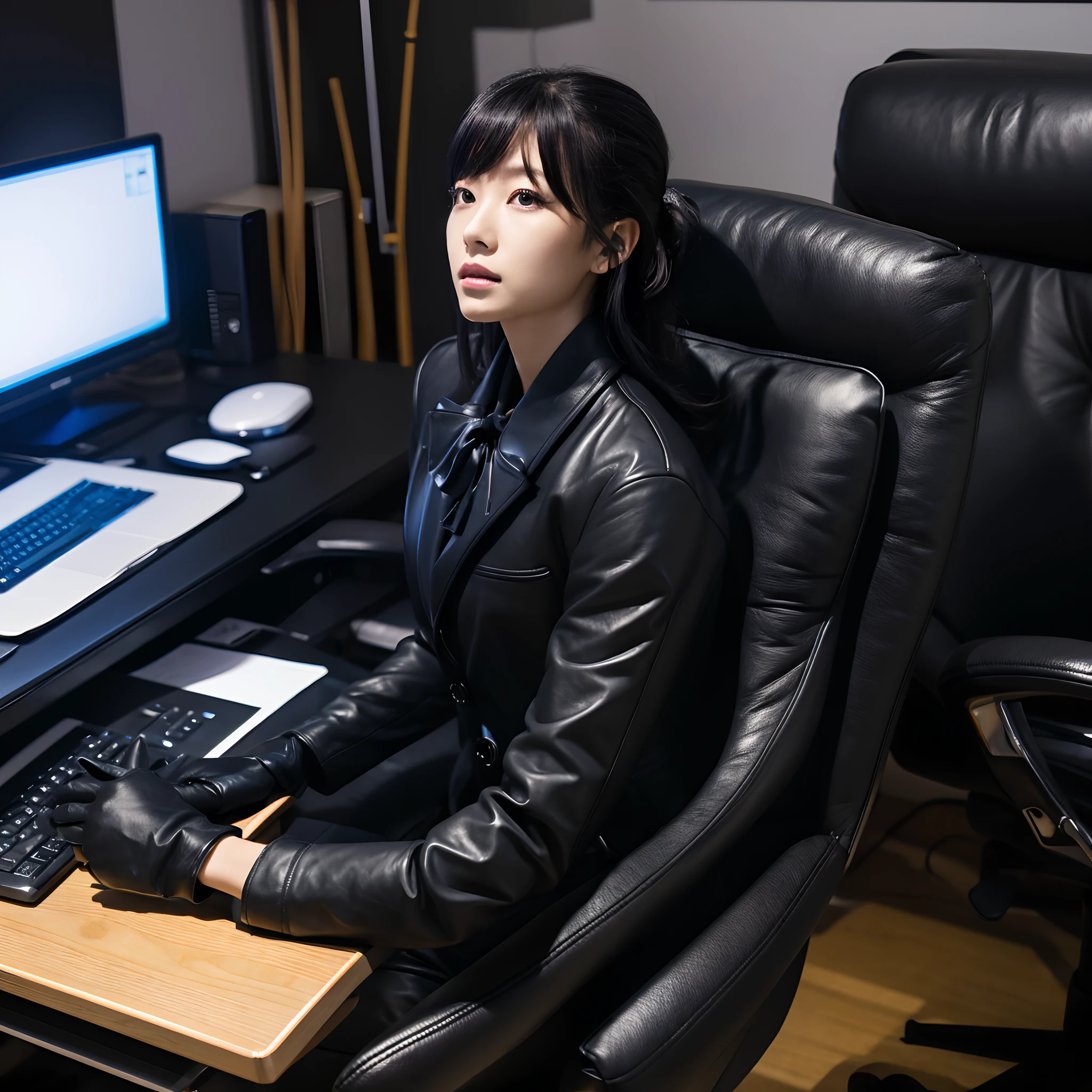 Wearing a black business pantsuit, Office in the Dark, facing a desk、While looking at the screen, tap the keys on the black laptop keyboard with the fingertips of the black leather gloves,Sitting on a large chair with a black leather backrest、 Black hair was tied back for a long time, Japan Female New Employees (Black leather gloves cover both hands) (The angle is frontal)、Black leather long boots
