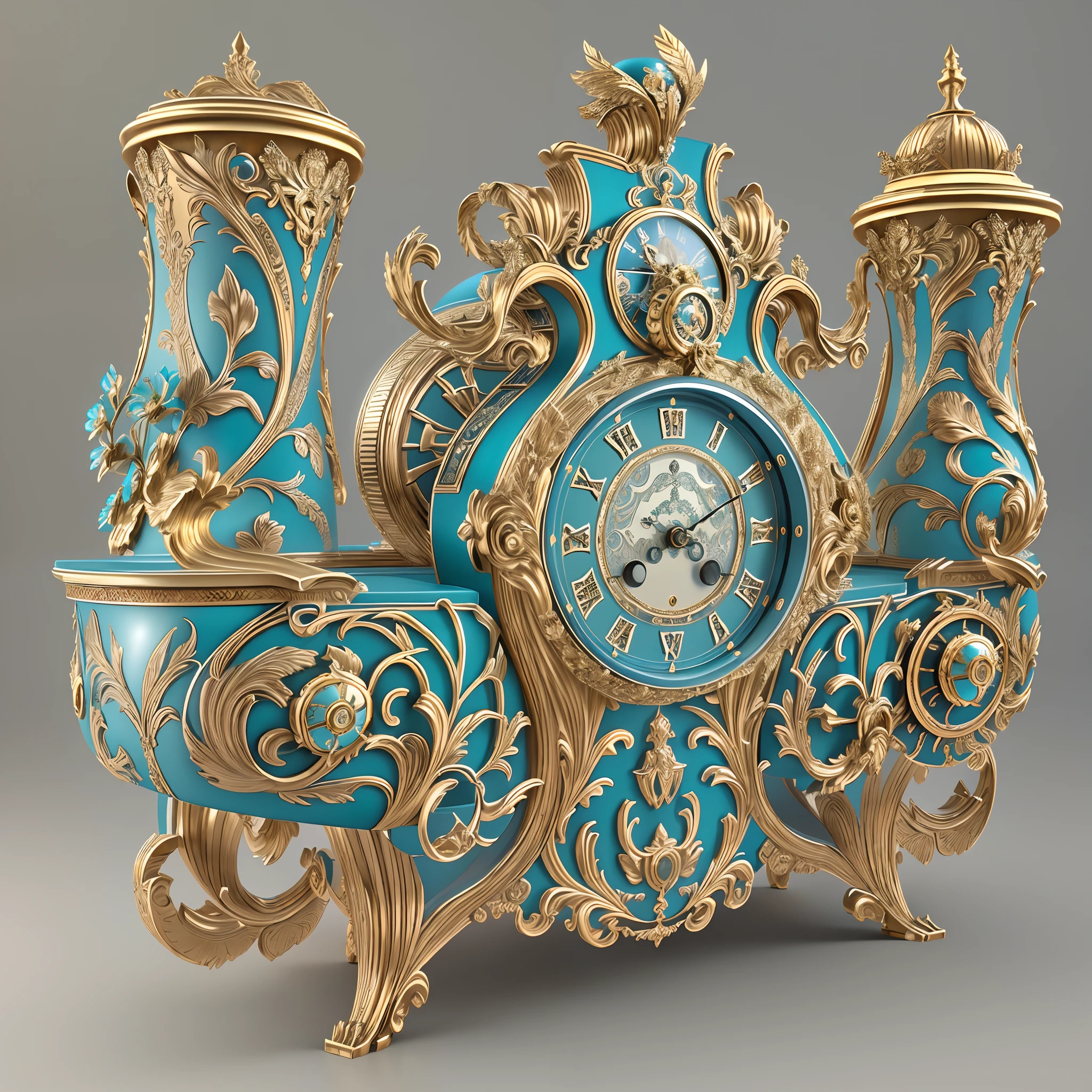 （（（A beautiful sitting clock，A luxurious，enamel））），art nouveau octane render, intricate 8 k render, elegant and ornate, Rococo Baroque, mechanical clock, super detailed render, ornate and elegant, 8k octae render photo, gorgeous furniture, elegant baroque, Rococo machinery