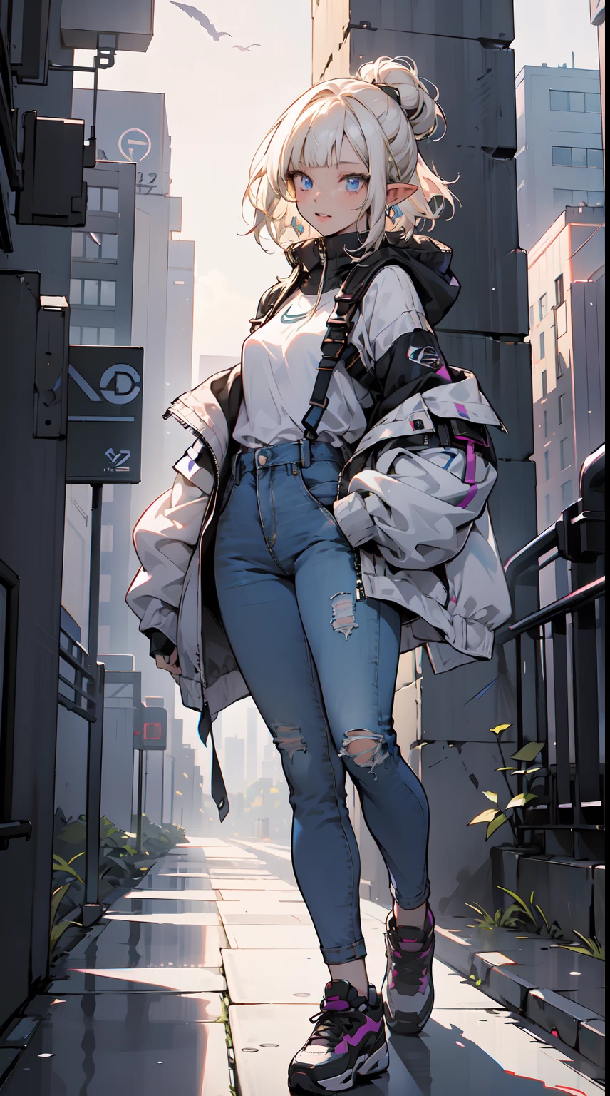(1elf girl), (beauty elf girl), ((ultra-high picture quality)), masterpieces, She's dressed in a trendy techwear outfit, perhaps a stylish jacket and jeans, with comfortable sneakers. She stands casually in a city park, with the sun casting long shadows as it sets behind the character. The warm, fading sunlight bathes the scene in hues of orange and purple, creating a tranquil ambiance. Capture the silhouette of the character against the backdrop of the dimming sky, highlighting the subtle details of the surrounding landscape as it transitions from day to night. She carries the confident air of someone who's both strong and agile. perfect body, overalls, light smile, fresh, (asymmetrical bangs:1.3), TopKnot hair, short hair, highly detailed face and eyes, Perfect lips, (white blonde hair, Deep Blue Eyes:1.2), cyberpunk, sci-fi, (tech wear is pinky colour), digital art, Aesthetic, Backlighting, by Yusuke Murata.