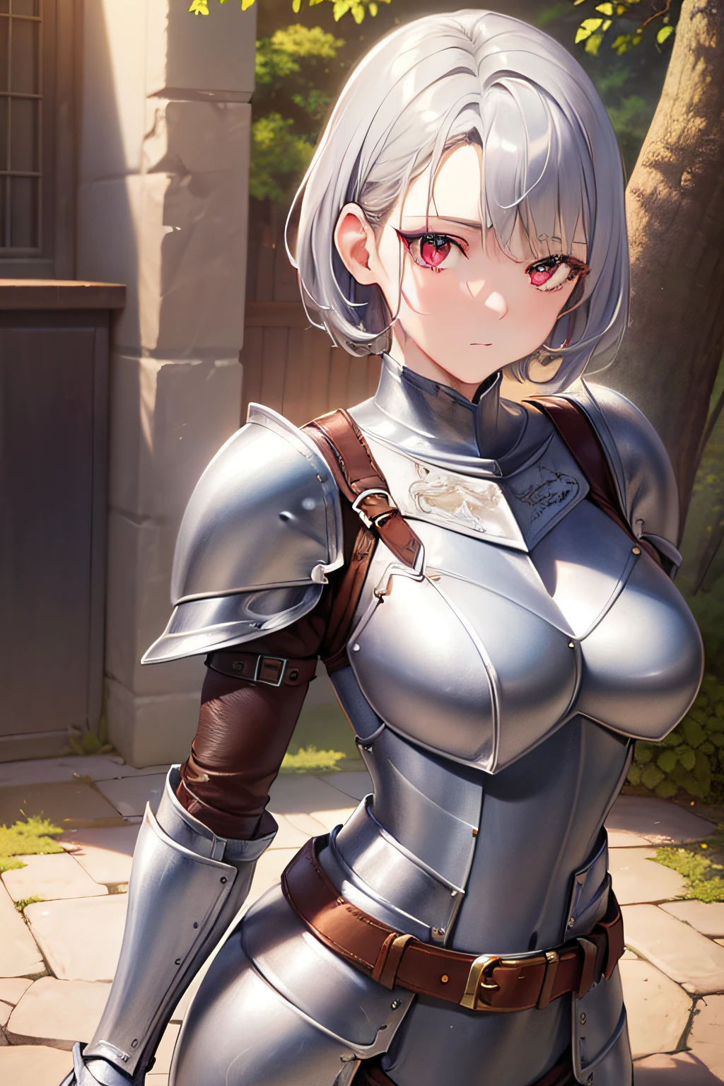 (Best Quality)), (Masterpiece), (Sharpness), 32k, (Best Quality Depiction), (Best Quality), Art, Detailed and Detailed CG Art, Clear, Detailed Human Body, Natural Light: 1.3, Full Body, Depth Background, (Perfect Anatomy), (Flawless Body Depiction), Golden Ratio, Depiction of Perfect Woman, One Woman,Beautiful, (Western Early Twenties Adult Female), (Lustrous Silver Hair, Short hair:1.6), (shiny beautiful red eyes),(Beautiful face with detailed detail), (Big:0.8), Light makeup, (Nude),(Dense and detailed beautiful perfect leather armor:1.9,Belt:2), (Slim legs), (Staring at viewer,Expressionless:1.2), Outdoor, Wind controls: 1.1, Blue sky: 1.3, Sun, Kitten