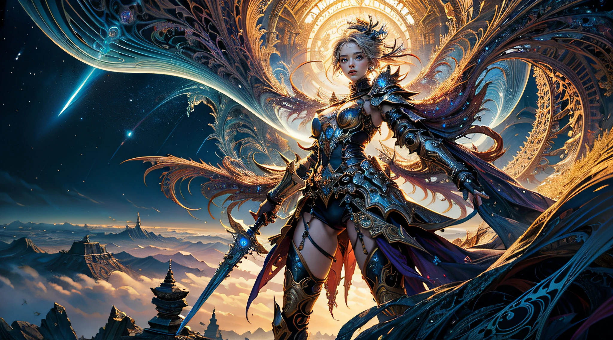 (masterpiece, top quality, best quality, official art, beautiful and aesthetic:1.2), (1girl), extreme detailed,(fractal art:1.3),colorful,highest detailed, fantasy,Ancient armor,wielding a sword,omoide emanon