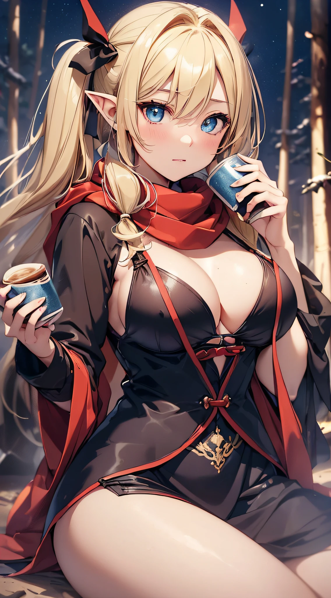 top-quality、Top image quality、masterpiece、An elf girl((18year old、Best Bust、big bast,Beautiful blue eyes、Breasts wide open, Blonde twintails、a little muscular、Large valleys、Reflecting the whole body、red scarf、Clothes in black robes、Physical education sitting))hiquality、Beautiful Art、Background with((Night Tent、stew、Camping coffee)))、,masutepiece、visualart、depth of fields、