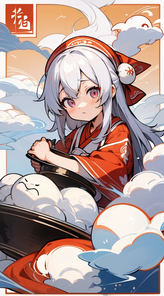 The little Chinese master,Cook,an Quority,femele,年轻,adolable,long whitr hair,largeeyes,Japanese style manga,Retro,White cheongsam,Red bandana