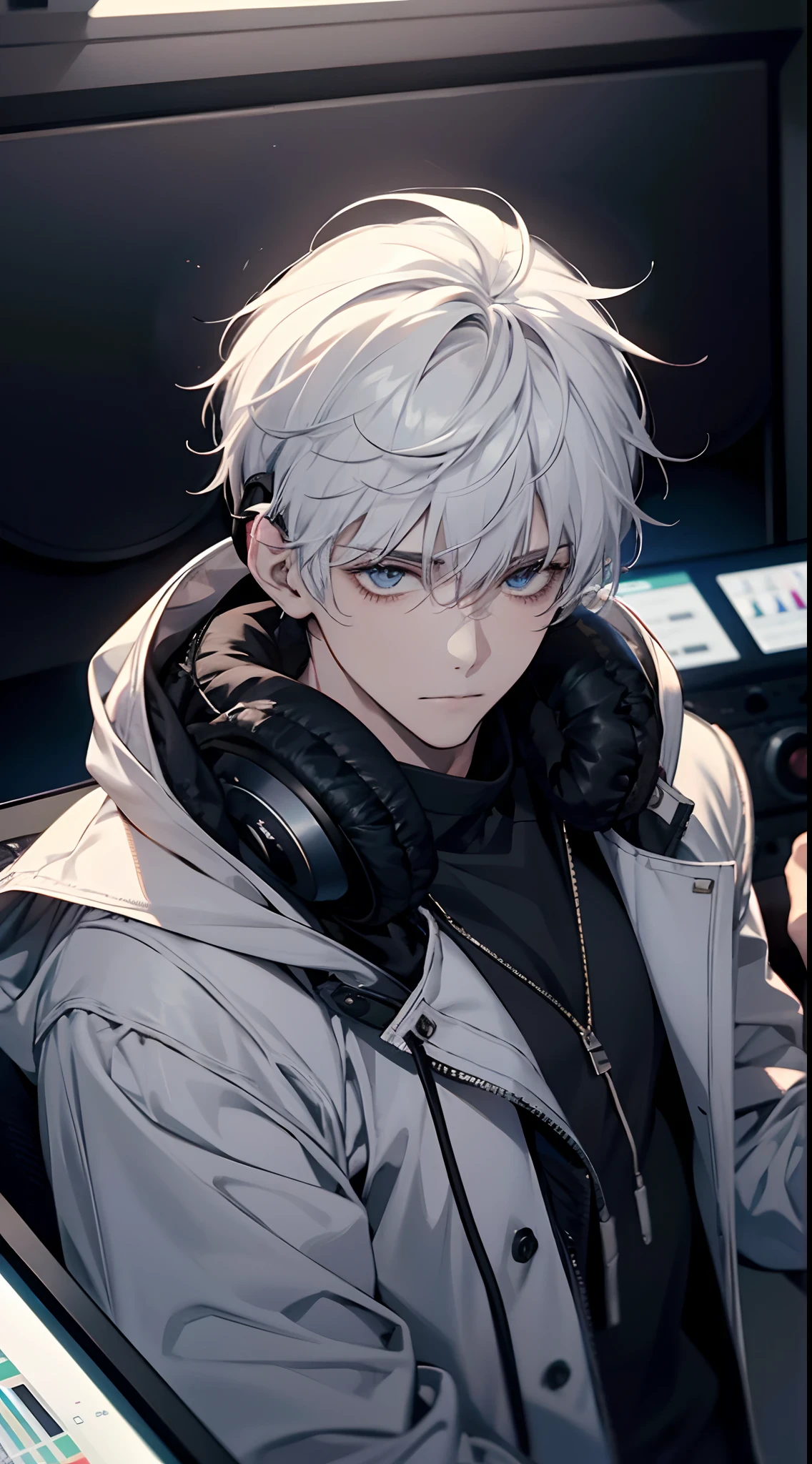 1male people, calm, Adult, Age 35 face, Handsome, Short and messy bangs, White hair,With hood and headphones, wearing black, In the recording studio, adult face, The upper part of the body,