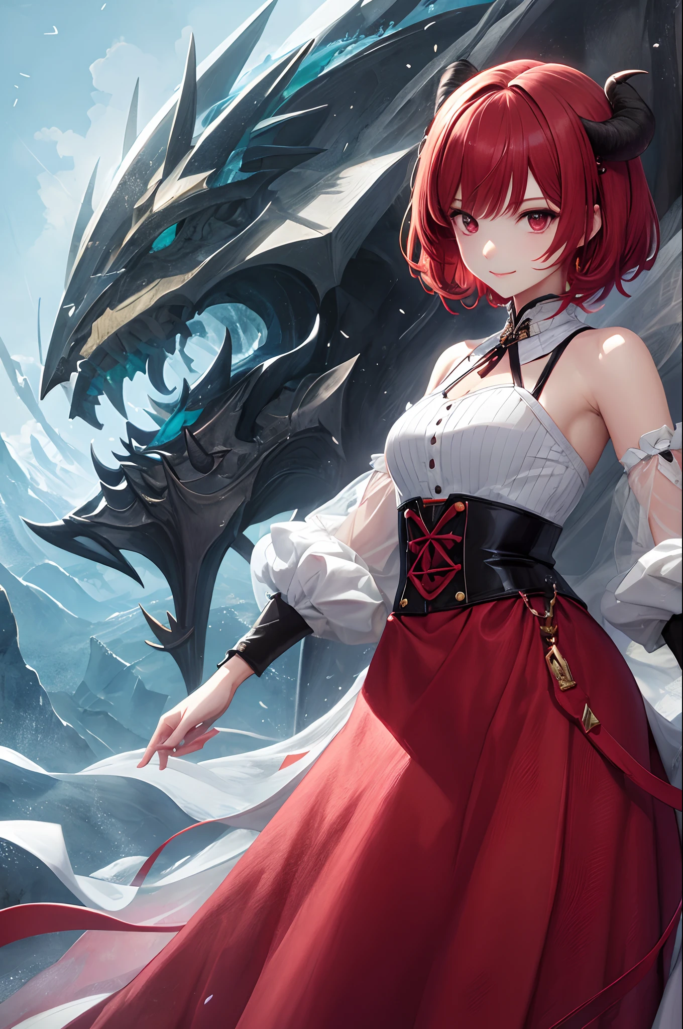 masterpiece、top-quality、超A high resolution、2D Beautiful Girl、animesque、s girl、Red hair、short-haired、Fantasia、Demon-like figure、Beautiful red eyes、The clothes are also depicted in detail、Eyes are depicted in detail、The face is depicted in detail、sorcerer、soio、Gentle smile、hair adornments、animesque、illustratio