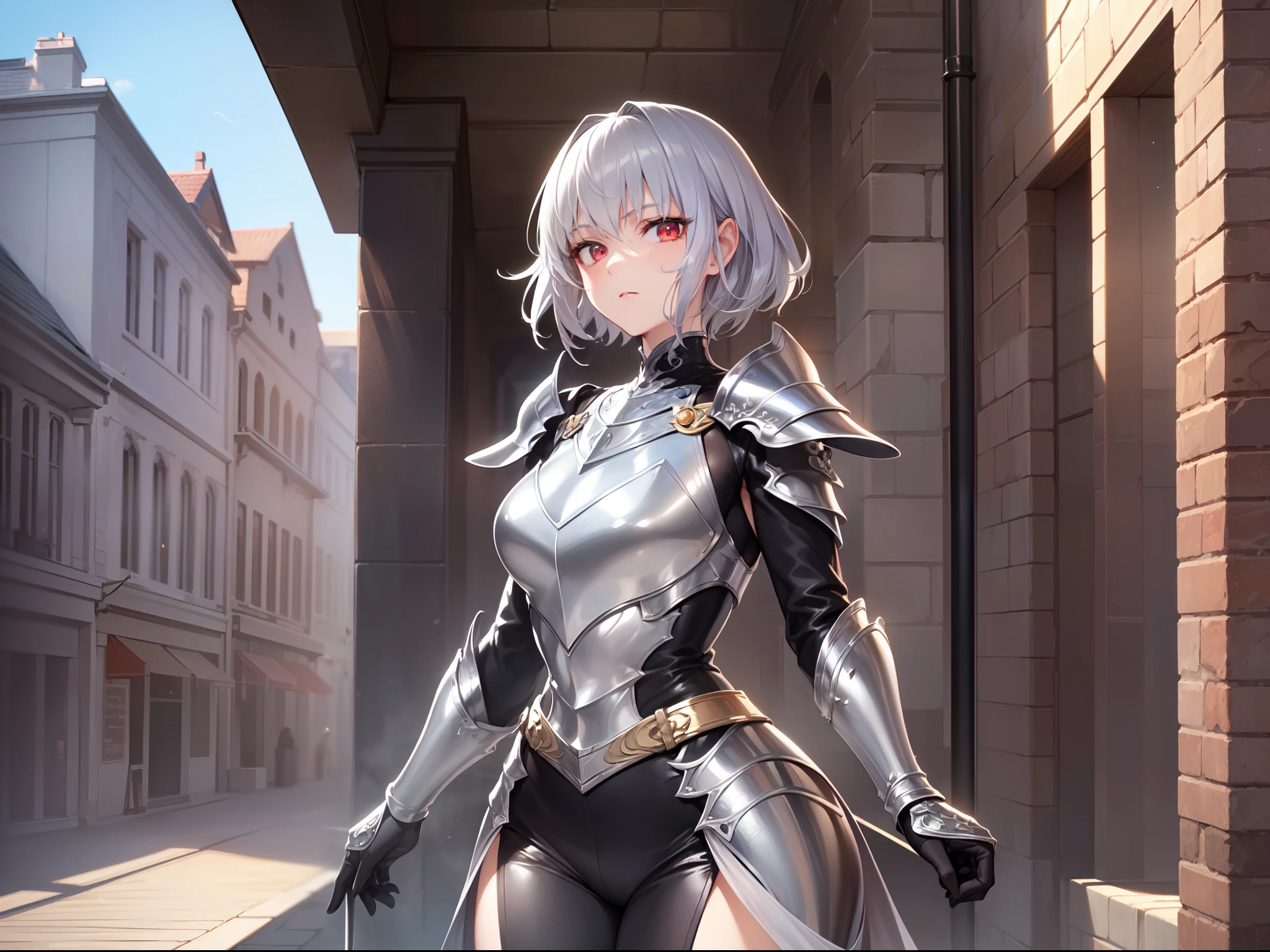 (Best Quality)), (Masterpiece), (Sharpness), 32k, (Best Quality Depiction), (Best Quality), Art, Detailed and Detailed CG Art, Clear, Detailed Human Body, Natural Light: 1.3, Full Body, Depth Background, (Perfect Anatomy), (Flawless Body Depiction), Golden Ratio, Depiction of Perfect Woman, One Woman,Beautiful, (Western Early Twenties Adult Female), (Lustrous Silver Hair, Short hair:1.6), (beautiful red eyes shiny),(Beautiful face with detailed detail), (Big:0.4), Light makeup, (Dense and detailed beautiful perfect leather armor:1.6,Belt:1.2), (Slim legs), (Staring at viewer,Expressionless:1.2), Outdoor, Wind control: 1.1, Blue sky: 1.3, Sun,