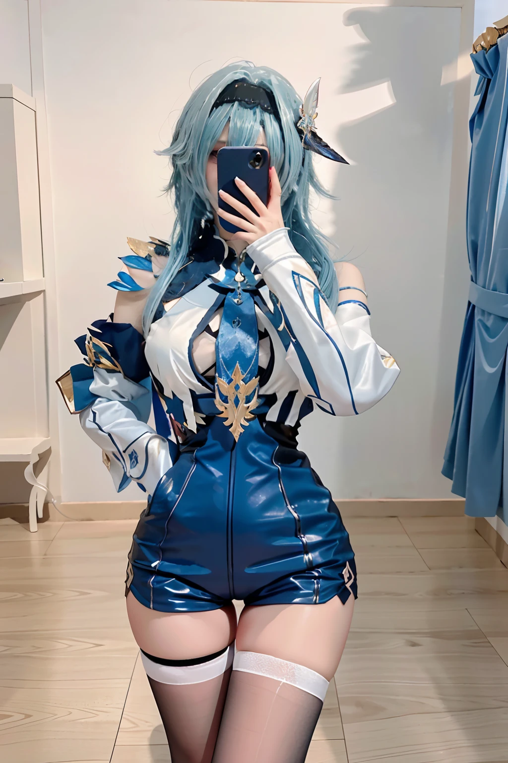 Beauty of a goddess, slim, beautiful woman, 1girl, solo, (masterpiece:1.2), best quality, eula, genshin, ultra high detailed, 8K resolution, ((holding phone to cover face)), eula from genshin impact, indoor, in a room, blue hair, hair ornaments, (((eula cosplay outfit)))