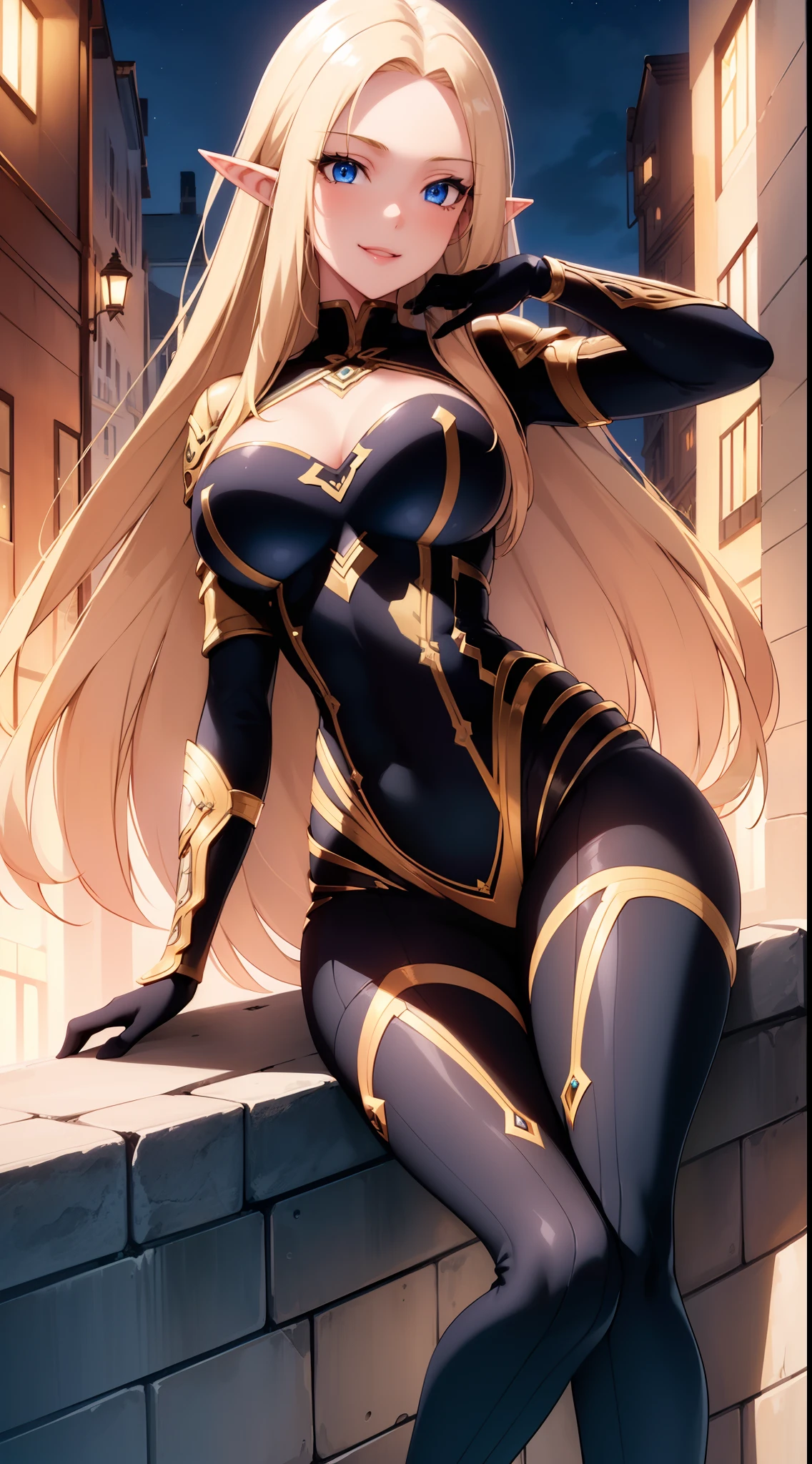 best quality, masterpiece, 1girl, raytracing, ultra detailed,detailed face, 8k wallpaper, (wide hips:1.2), AlphaNDV, 1girl, blonde hair, blue eyes, Medium breasts, very long hair, elf, pointy ears, black bodysuit, outdoor, night, sitting, on wall, from below, smile