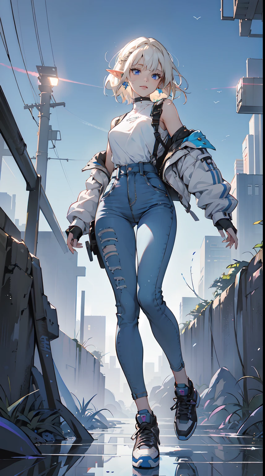 (1elf girl), (beauty elf girl), ((ultra-high picture quality)), masterpieces, She's dressed in a trendy techwear outfit, perhaps a stylish jacket and jeans, with comfortable sneakers. She stands casually in a city park, with the sun casting long shadows as it sets behind the character. The warm, fading sunlight bathes the scene in hues of orange and purple, creating a tranquil ambiance. Capture the silhouette of the character against the backdrop of the dimming sky, highlighting the subtle details of the surrounding landscape as it transitions from day to night. She carries the confident air of someone who's both strong and agile. perfect body, overalls, light smile, fresh, (asymmetrical bangs:1.3), TopKnot hair, short hair, highly detailed face and eyes, Perfect lips, (white blonde hair, Deep Blue Eyes:1.2), cyberpunk, sci-fi, (tech wear is pinky colour), digital art, Aesthetic, Backlighting, by Yusuke Murata.