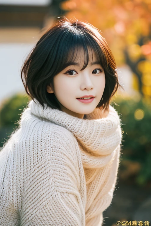 a close up of a woman with a sweater on posing for a picture, Middle metaverse, 奈良美智, Japanese Models, Beautiful Asian Girl, With short hair, 2  female model, 4 k ], 4K], 2 7 years oldn, sakimichan