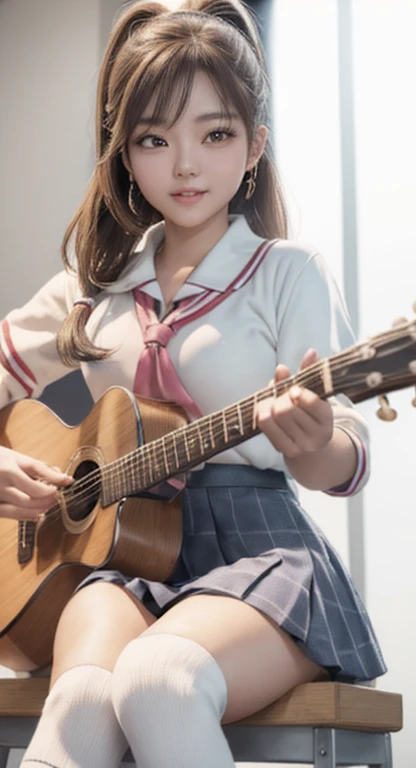 Portrait of female Korean idol, tzuyu from twice, the girl plays the guitar, 8k artgerm bokeh, hi-school girl,校服,15 only,knee high socks, poneyTail,hightquality,Background of the school building