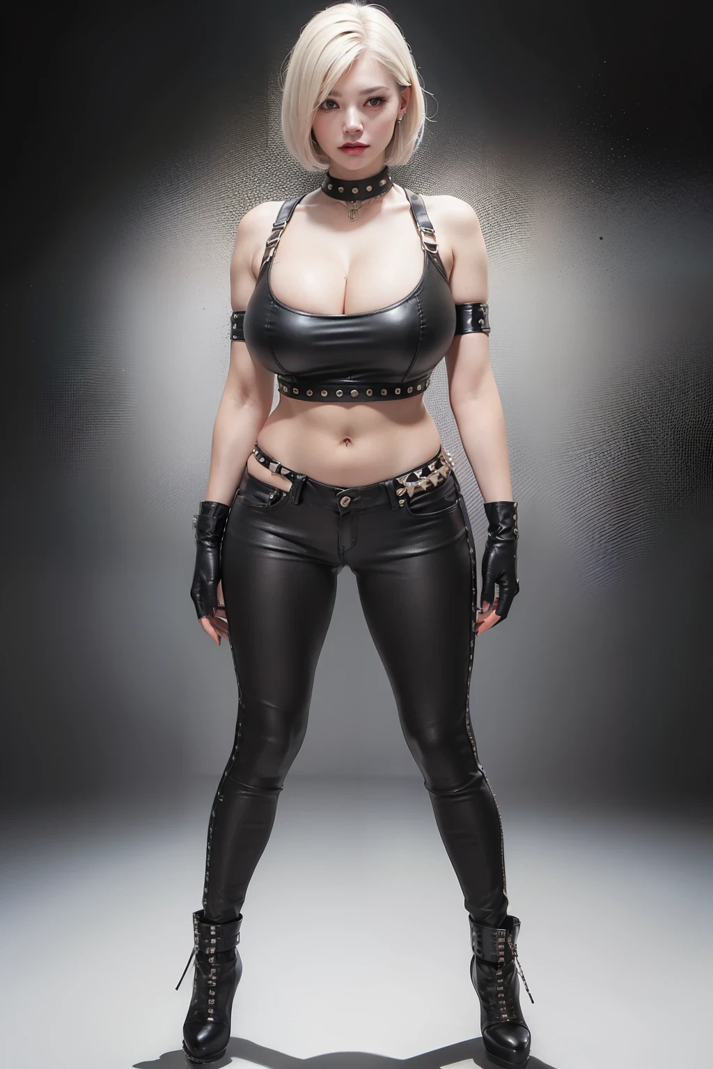 ((masterpiece, best quality, ultra-detailed, ultra-HD, photorealistic, cinematic)), ((alluring female model)), perfect body, voluptuous body, perfect anatomy, perfect face, perfect hands, large cleavage, round ass, long round legs, (Asymmetrical bob cut with bold and  choppy layers), (Platinum blonde hair, giving an edgy and modern aesthetic), (wide shot, full body view:1.5), (A fitted leather jacket paired with a graphic tee), (distressed black jeans), (Studded leather gloves and a statement choker, intensifying the rebellious look), (gradient background:1.3)