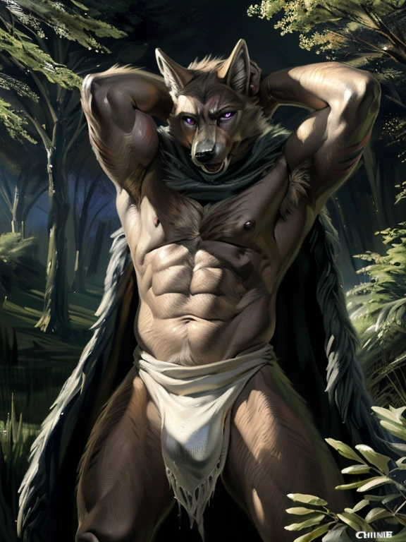 coyote, In partial shadows, Cape. 4K, high resolution, Best quality, perfect colors, perfectly shaded, Perfect lighting, posted on e621, hairy bodies, Solo, Male, Adult, Bare chest, Masculine, White loincloth(Very muscular, buff, Heavyweight, Strong chest:1.2), Correct anatomy, (Realistic fur, Detailed fur, Epic, Masterpiece:1.2), (Dark fantasy world background, Green trees, Black sky, Night, Cold), (author：Taran Fidler, by Chunie, author：Traver 009, author：World Football Federation:1.2), (white loincloth,Portate:1.2), (Detailed eyes, Purple eyes:1.2), (Half body:1.2), Serious face, Strong, (Green stripes on the body:1.1), (venat, vascular:1.2), Proud, Soft shadows, (arms behind  head, hand behind head:1.1), Raised sexy, view the viewer, Messy fur, Speaking mouth