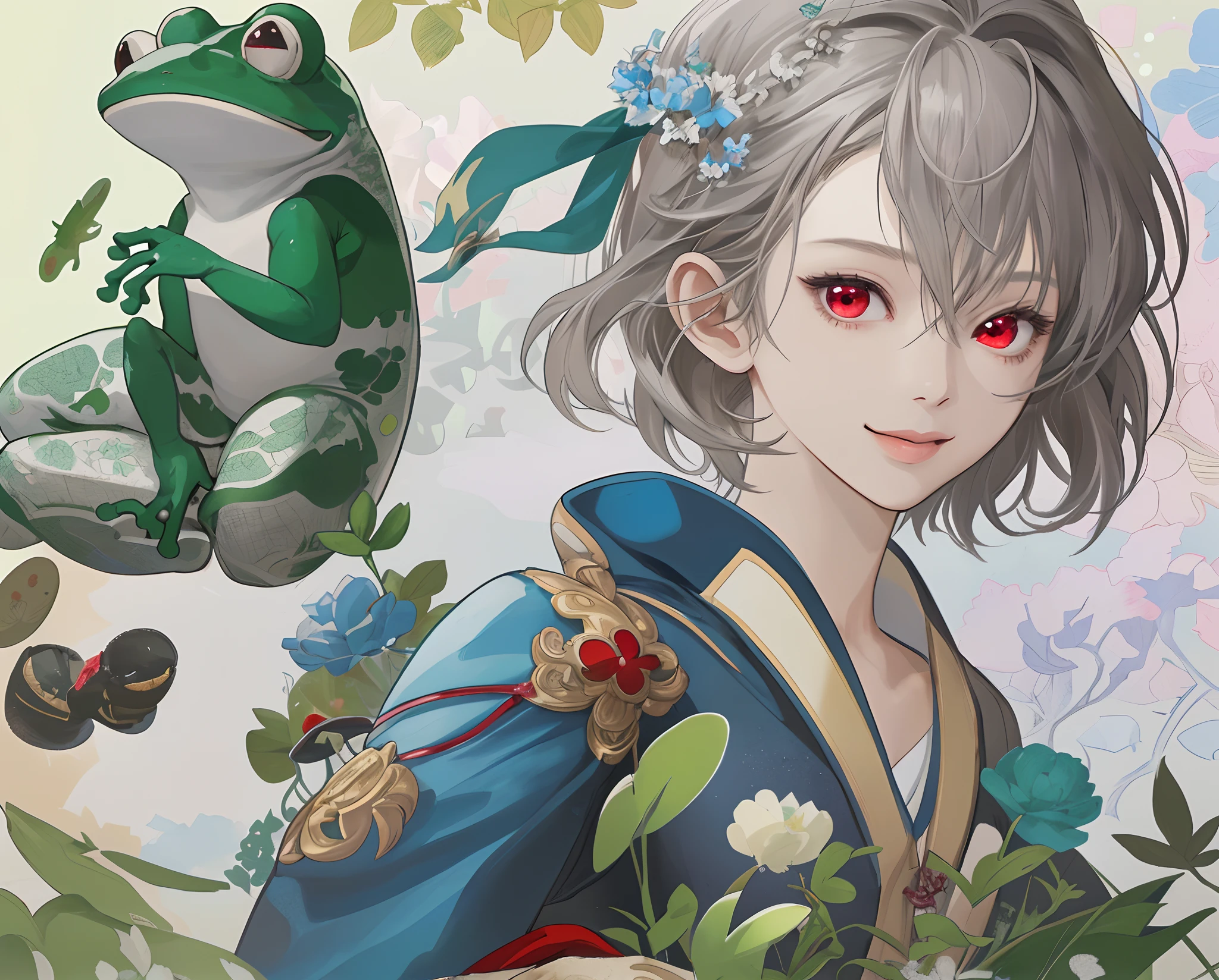 ​masterpiece、top-quality、超A high resolution、2D Beautiful Girl、animesque、teens girl、greyt hair、short-haired、Frog-like figure、Beautiful red eyes、The clothes are also depicted in detail、Eyes are depicted in detail、The face is depicted in detail、sorcerer、soio、Gentle smile、hair adornments、animesque、illustratio