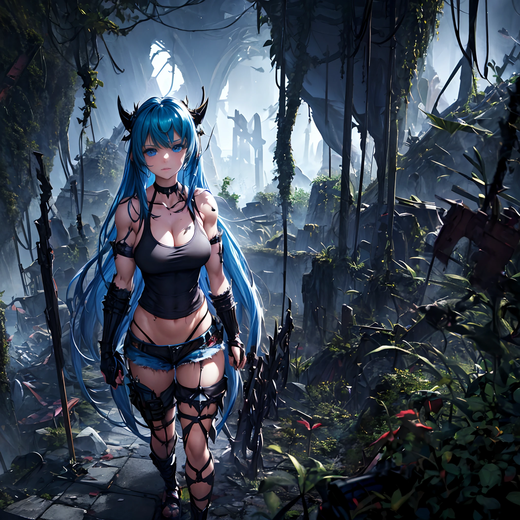 1 girl, solo, Irys, aberrant colours, flamy blue hair, very long hair, heterochromic eyes, large breasts, muscular physique, grey tank-top, black elbow gloves, tattered and torn black short trousers, black leg fishnets, equipping brass knuckles, otherworldly field in background, night, dim_lighting, devastated surroundings