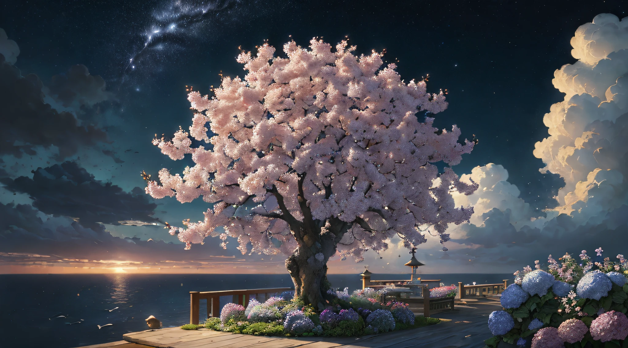 paint (strokes)+, atmosphere, intricate, clouds, aspect ratio 1:1, raytracing, Bokeh, smooth, (colorful), (detailed complex busy background: 0.8), hydrangea, repair drones, (night:1.4), Sharp Eyeliner, intricate details, hand on Chinese sword, beautiful, flat illustration, scenery, detail love, (ultra-detailed), day, photon mapping, ((intricate details)), ship wake, (The Peach Tree), crowd,