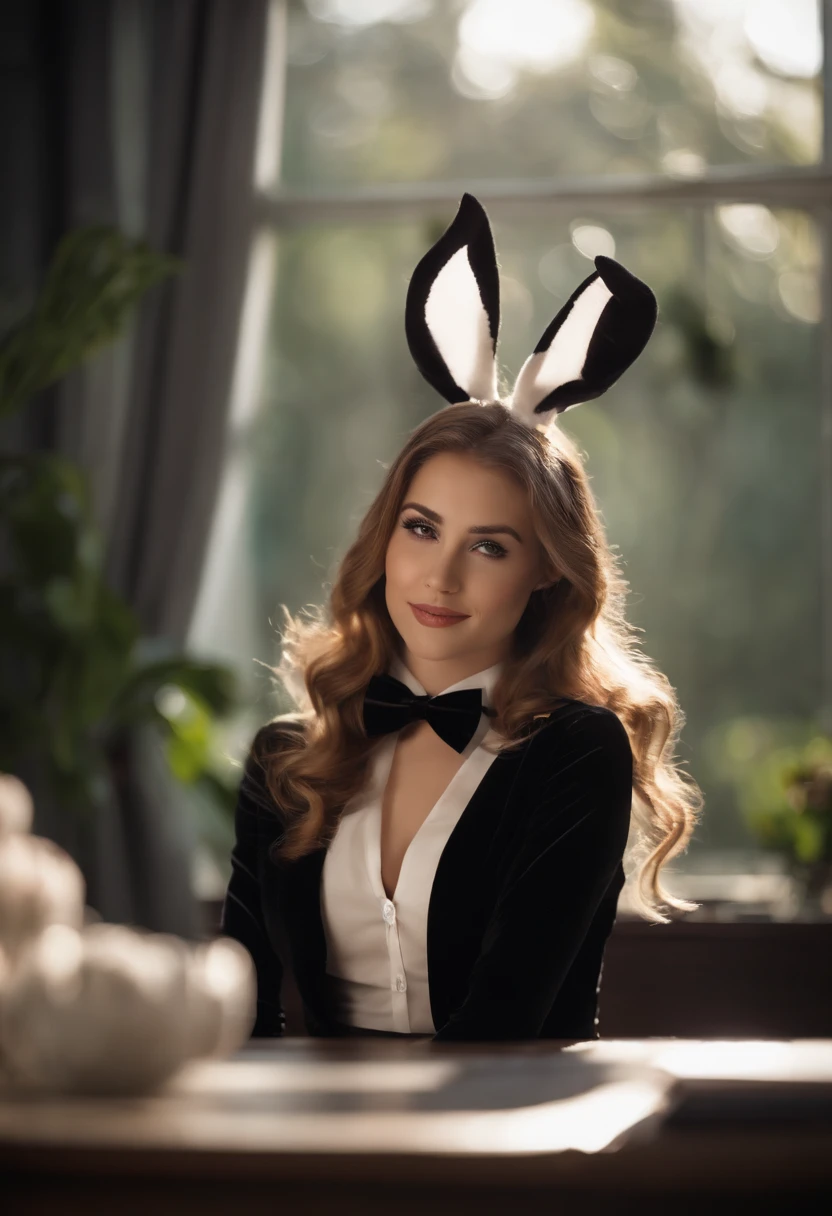 8K, Black velvet bunny girl costume, velvet, a 20 yo woman, Bokeh background, bokeh feeling, girl's own room, A smile, de pele branca, Cute s, breasts on table, White choker and black bow tie, White cuffs, two side up