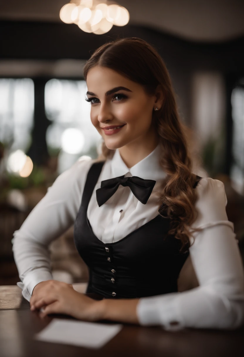 8K,  Black velvet bunny girl costume, velvet, a 20 yo woman, Bokeh background, bokeh feeling,  girl's own room, A smile, de pele branca, Cute little girl s, breasts on table, White choker and black bow tie, White cuffs, two side up