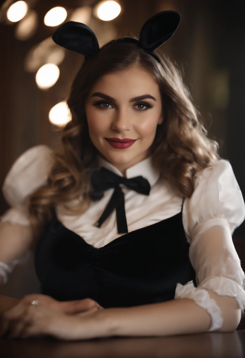 8K, Black velvet bunny girl costume, velvet, a 20 yo woman, Bokeh background, bokeh feeling, girl's own room, A smile, de pele branca, Cute girl s, breasts on table, White choker and black bow tie, White cuffs, two side up