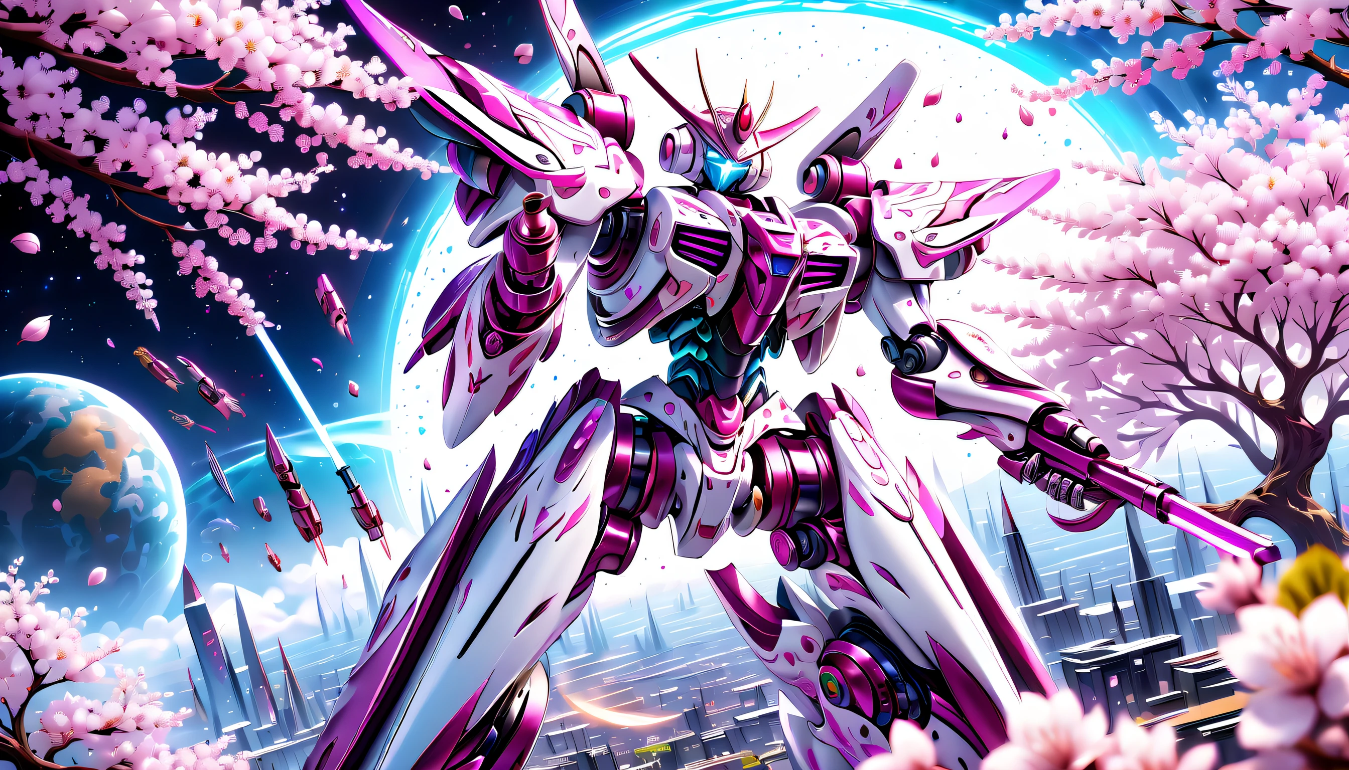 witness the ultimate masterpiece of space-engineering-combat-robot, adorned with intricate designs and armed with advanced weapons, movements are a mesmerizing display of complexity and grace in the vastness of space, stunning space universe fusion cherry blossom street background intricate detail, each armed with powerful machine guns, intricate insane detail glow, (((intricate insane details:1.3))), (((extremely intricate details))), (((fantasy masterpiece:1.3))), (((sharpness and clarity unmatched:1.3))), ultra realistic, (((radiosity rendered in stunning 32k resolution:1.3))), highest quality, highly quality, Neo-realism,