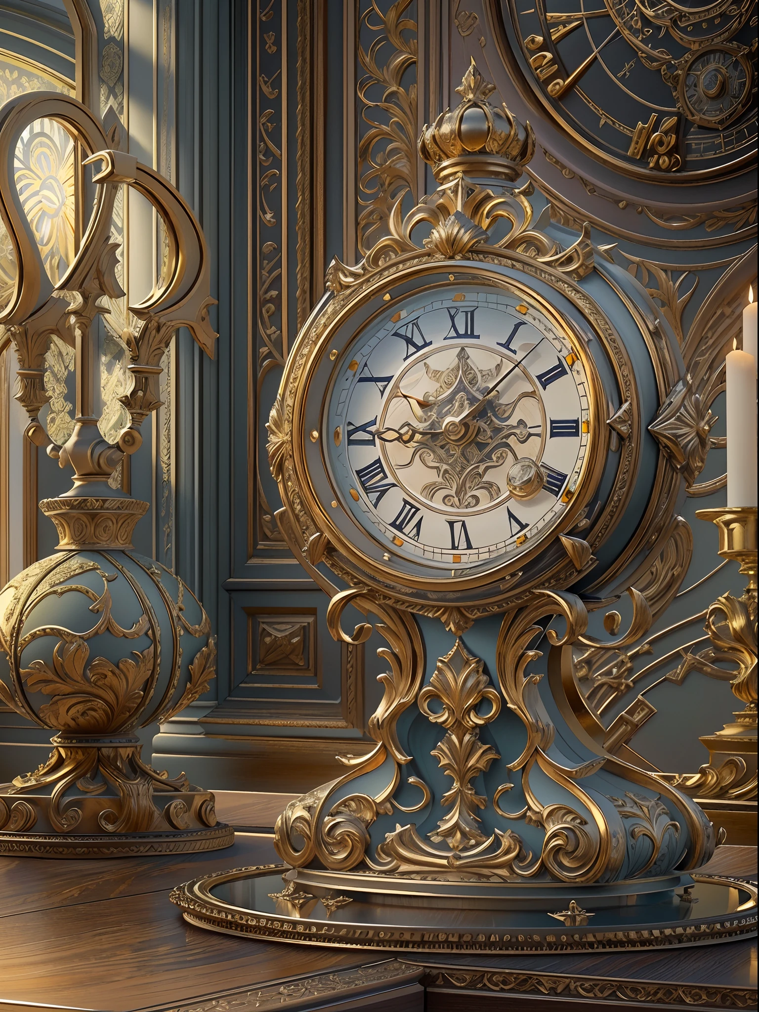 There was a clock on the table, rendered in keyshot, art nouveau octane render, detailed intricate render, highly detailed render, highly detailed perfect render, baroque objects, high quality rendering, high poly vray render, baroque object, highly detailed texture render, intricate render, super detailed render, Rendered in V-Ray, high poly vray