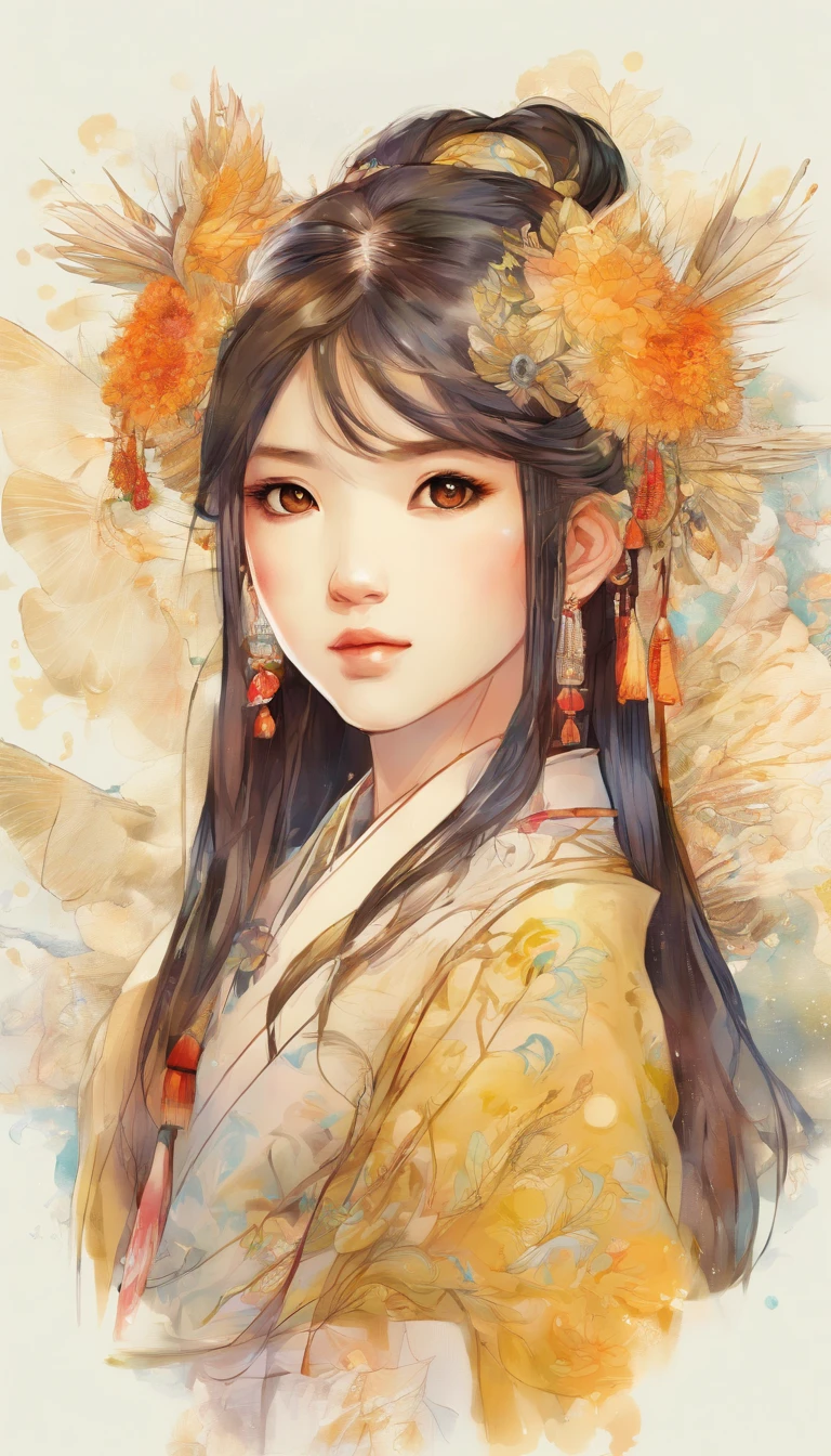 hand drawn sketch illustration of a beautiful SILVER GOLD and BLACK portrait of a very_YOUNG ancient japanese geisha, glowing eyes, long hair, hyperdetailed sad face, intricately kimono, golden ratio, light aura, frosty myst, ANIME MANGA STYLE, highly detailed, intricate motifs, organic tracery, perfect composition, digital painting, artstation, concept art, smooth, sharp focus, illustration, Carne Griffiths, Victo ngai, Jean Baptiste Monge, pixar, watercolour style, art by Yoji Shinkawa, Carne Griffiths, Russ Mills, Ink splatter, ink brush painting, calligraphy, ink wash, smudges: (best quality)), intricate detailed,