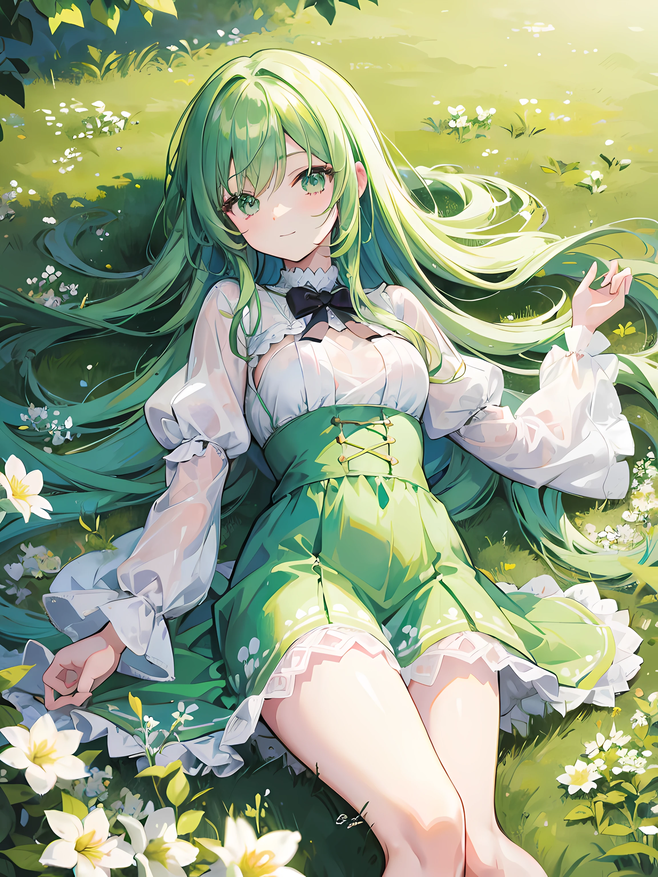 anime girl lying on top grass, white flowers field, beautiful sunlight, clear blue sky, (1girl), long green hair, green eyes, small breasts, green long sleeves short dress, white stocking, smile, beautiful anime artwork, ultrasharp, masterpiece, high res, 8k