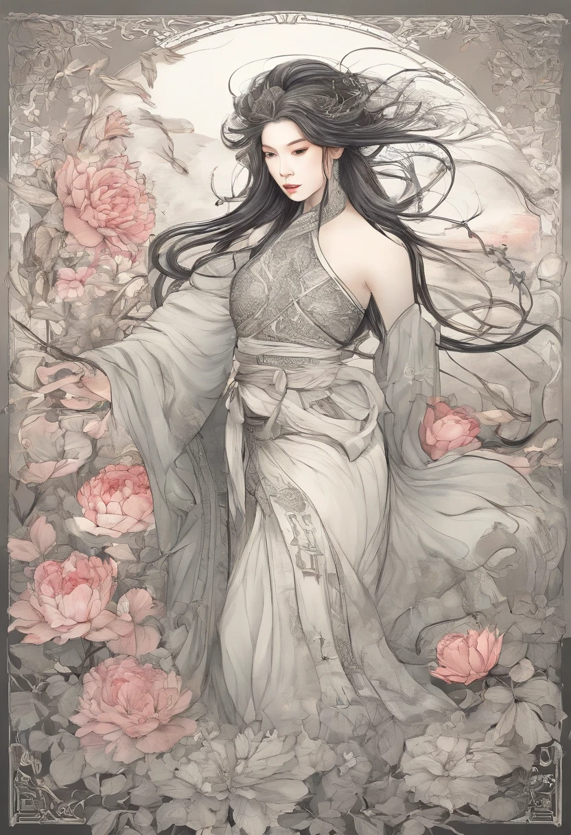 Chinese Ink Style,ink and watercolor painting,water ink,inky,Smudge,swordsmen,Woman,White voluminous robe,Long sword,Long whit hair,(((Blue-violet lot))),((A lot of peony flowers)),((vine)),((fronds)),((intricate image)),(((Meticulous portrayal))),(((Delicate face))),Brilliant colors,(((Super fine hair drawn))),((High definition of hair)), (((super-fine))), style of anime, lightand shade contrast, depth of fields, The light from the back window is backlighted, Full body like,Motion Video, stereoscopic perspective, tmasterpiece,(( super detailing)), high detal, high quarity, 4K, best qualtiy, hight resolution,(((ink wash style))