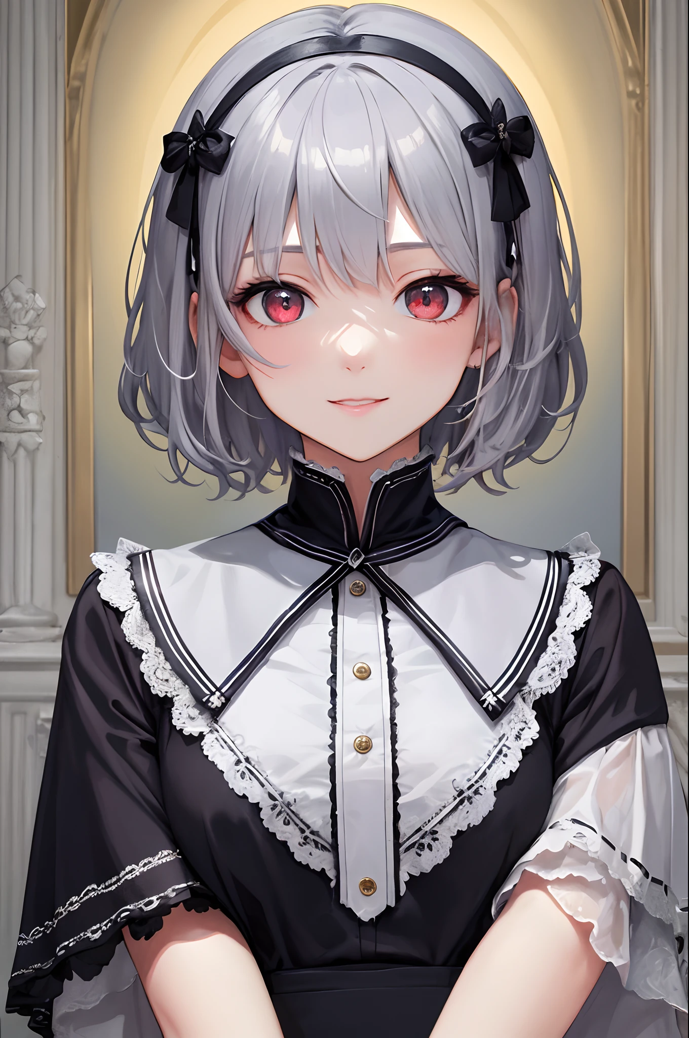 masterpiece、top-quality、超A high resolution、2D Beautiful Girl、animesque、s girl、Silvery hair、short-haired、pupils、blazers、Beautiful red eyes、The clothes are also depicted in detail、Eyes are depicted in detail、The face is depicted in detail、soio、Gentle smile、Full body front、animesque、illustratio