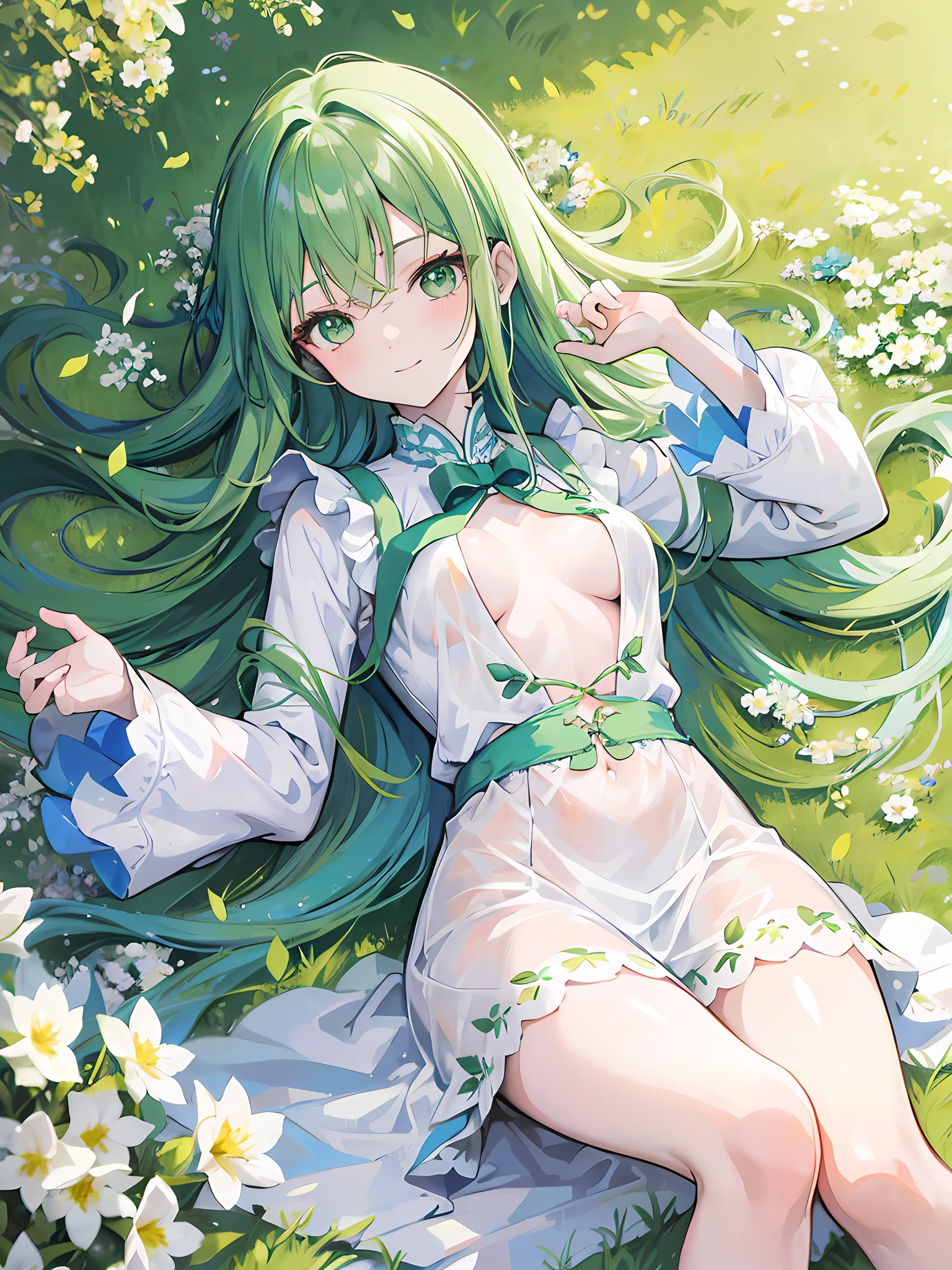 anime girl lying on top grass, white flowers field, beautiful sunlight, clear blue sky, (1girl), long green hair, green eyes, small breasts, green long sleeves short dress, white stocking, smile, beautiful anime artwork, ultrasharp, masterpiece, high res, 8k